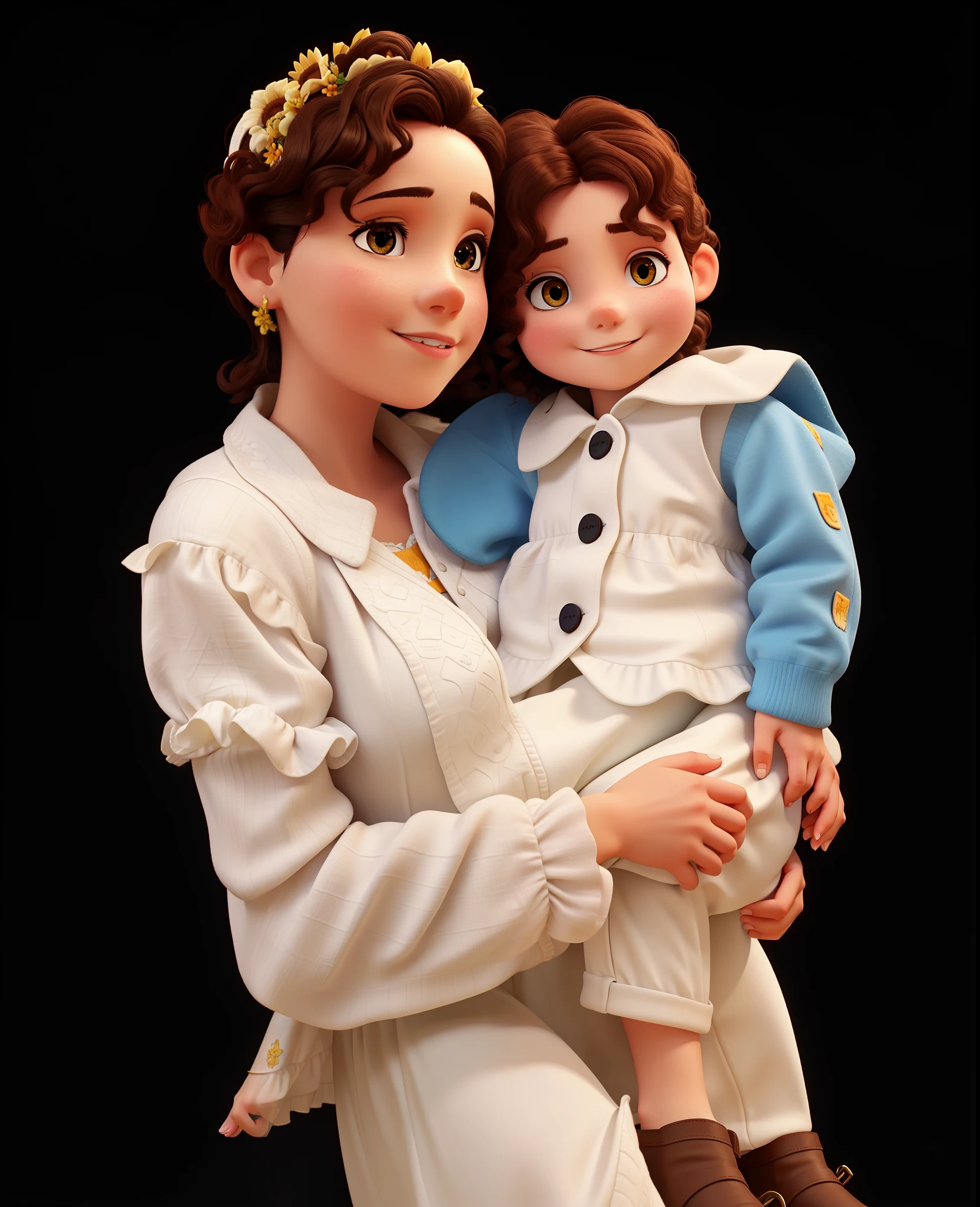 A brunette woman in a white shirt lies on a bed of sunflowers,On her lap sat a one-year-old child,Her curly hair is wearing a white dress