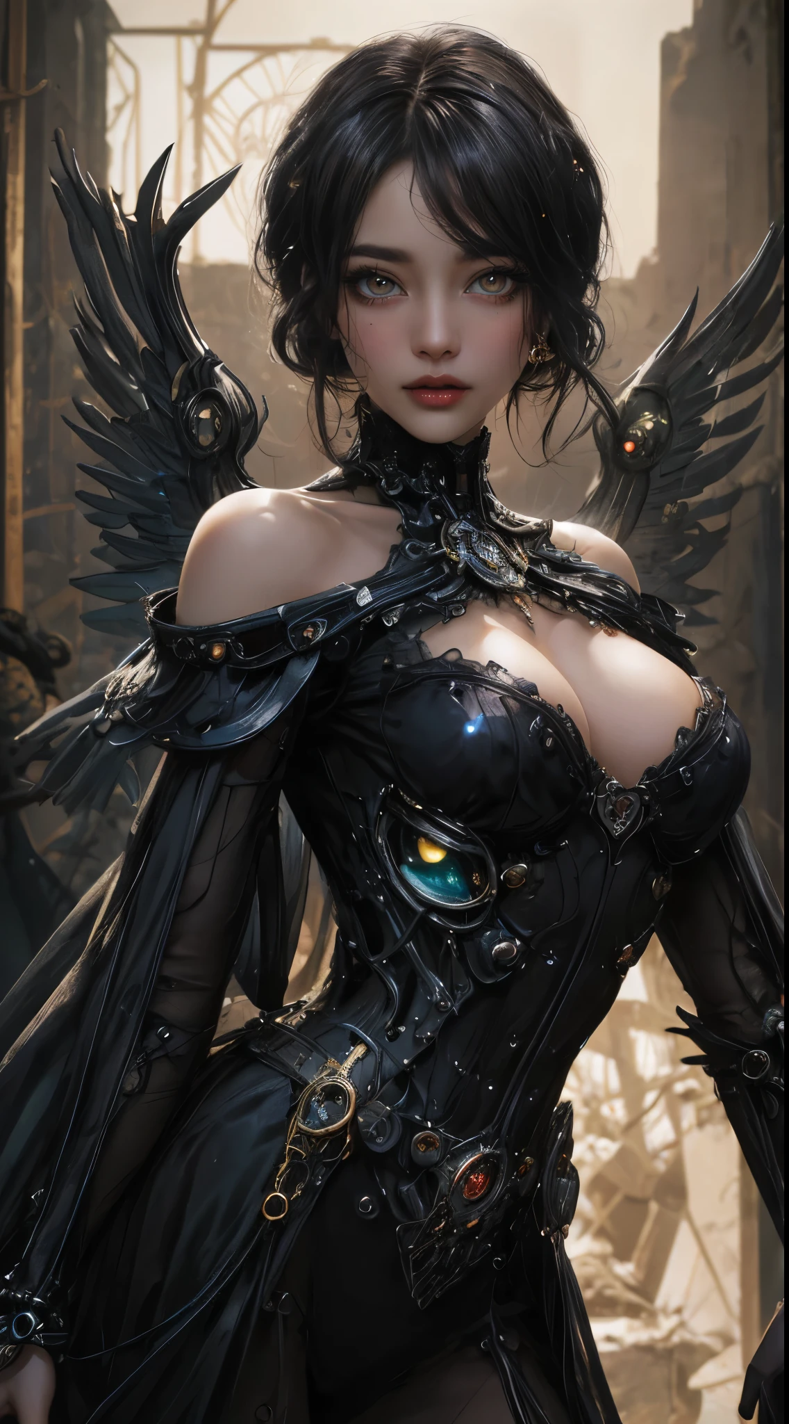 Machine doll girl, very cute and very adorable, , very short bob with bangs, Shiny jet-black hair, off the shoulder, (((very super realistic))), (very realistic and accurate eye))), mirror polished excessive steampunk, skeleton body, iridescent luminosity, intricate mechanical wings, decadent surrealism, Victorian rococo cyberpunk gothic machine, background detail, organic, neon tube linkage. Special enchantment, special magic, (((very dark dramatic cinematic lighting, very dark ruins, deep depth of field))), (((very large slanted big eyes))), light reflecting moist eyes, long eyelashes, thin nose, small mouth, glossy beige lips, thin chin, clear white glossy skin, slender body.