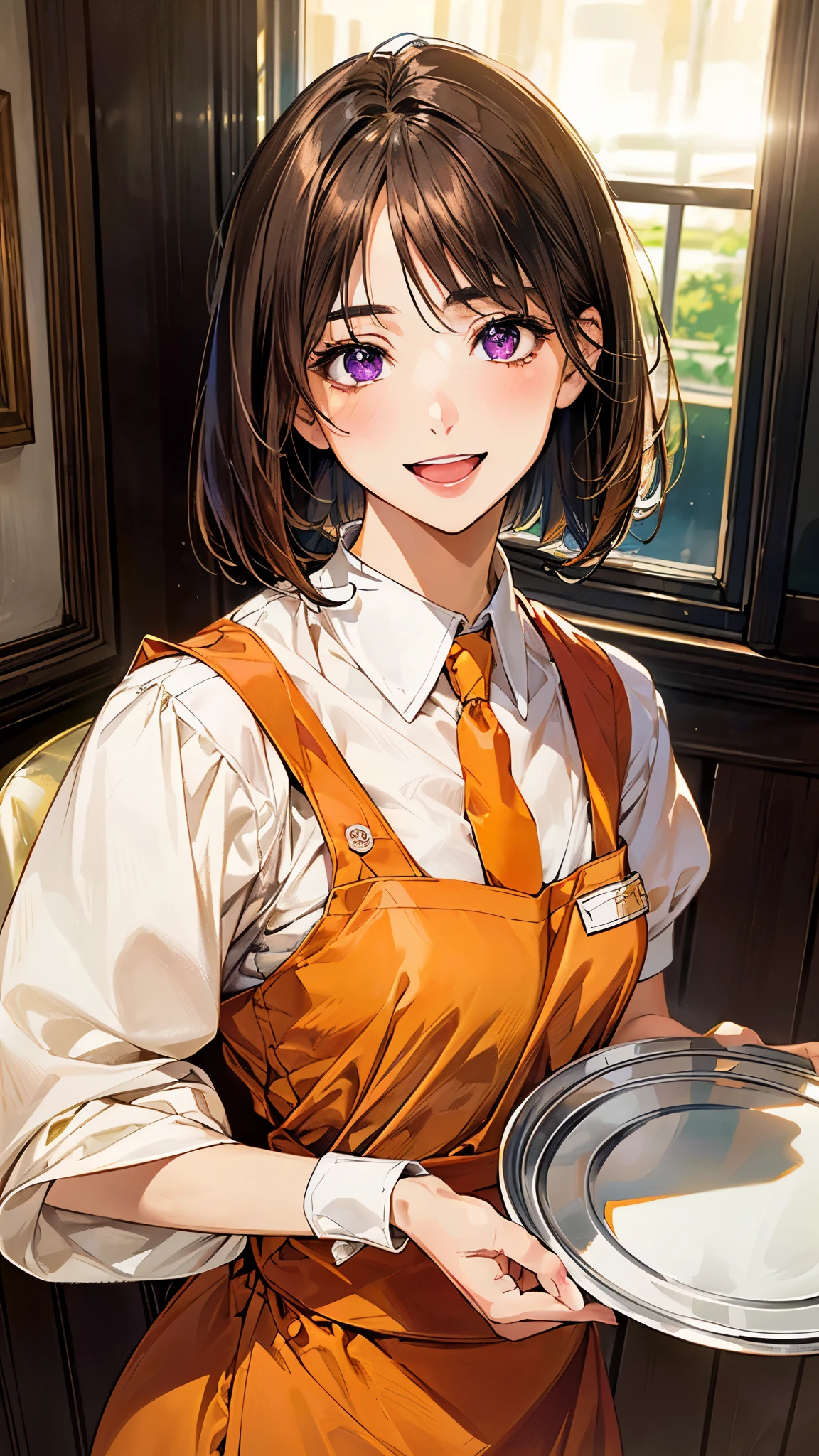 (masterpiece:1.2, top-quality), (realistic, photorealistic:1.4), beautiful illustration, (natural side lighting, movie lighting), ,
looking at viewer, (face focus, upper body), 1 girl, high school girl, japanese, perfect face, perfect anatomy, cute and symmetrical face, small face, round face, shiny skin,
(short hair:1.6, bob cut:1.5, brown hair, view diagonally from the right), asymmetrical bangs, purple eyes, long eye lasher, (middle breasts), slender,
beautiful hair, beautiful face, beautiful detailed eyes, beautiful clavicle, beautiful body, beautiful chest, beautiful thigh, beautiful legs, beautiful fingers,
((symmetrical clothing, (waitress uniform:1.2), orange yellow uniform, yellow sleeves, orange skirt, orange necktie, white apron, sun visor)),
(beautiful scenery), depth of field, morning, (fast food shops), ((wave your right hand)), ((holding the tray in your left hand)), girl posing in front of window, (happy smile, open mouth),