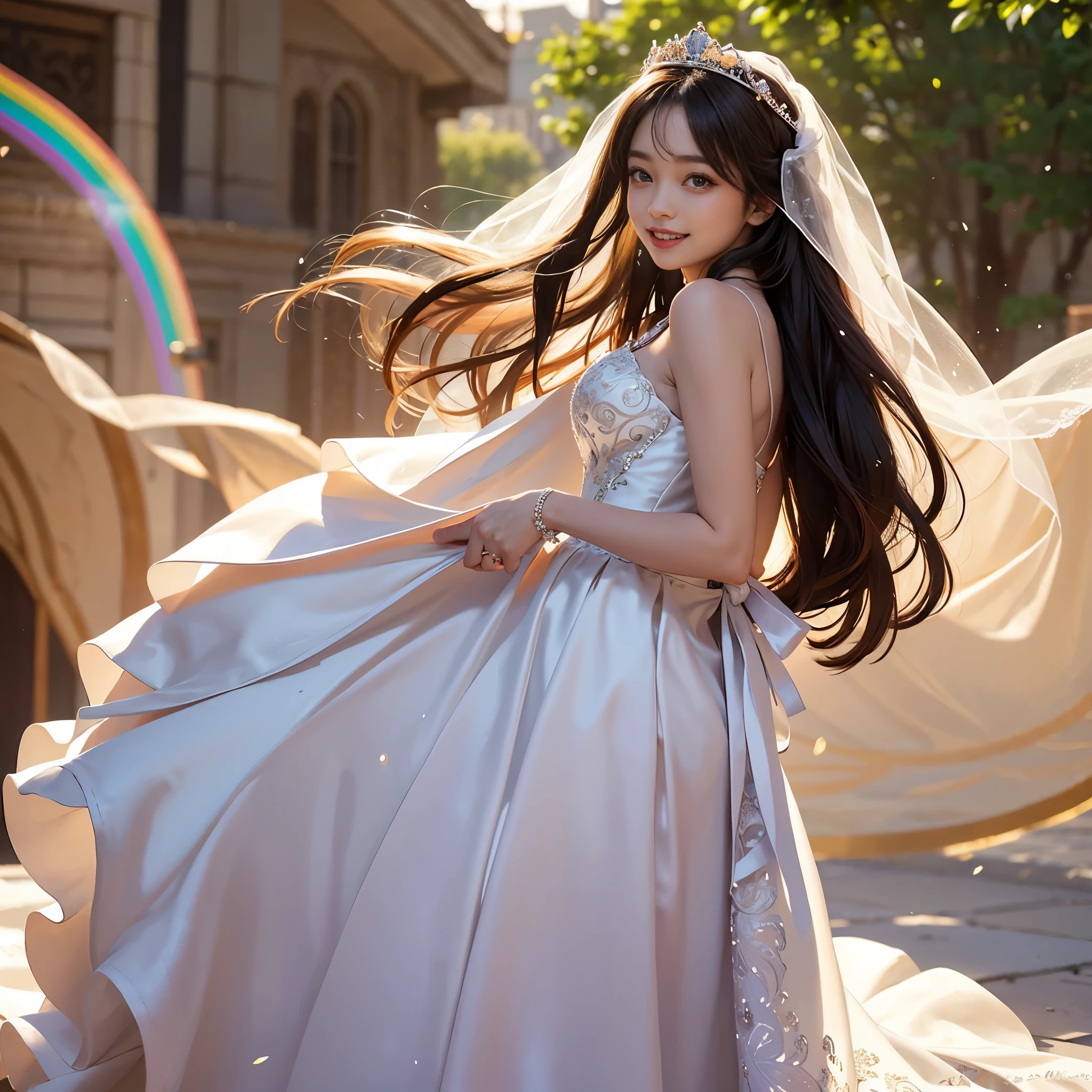 only 1 girl, huge laugh, Very pretty, beautiful, cute, sweet, sun glare, Conservative attire, bell line wedding dress, bridal tiara, bridal veil, depth of field, blurred background, light particles, strong wind, rainbow color, head tilt, looking back, long hair,