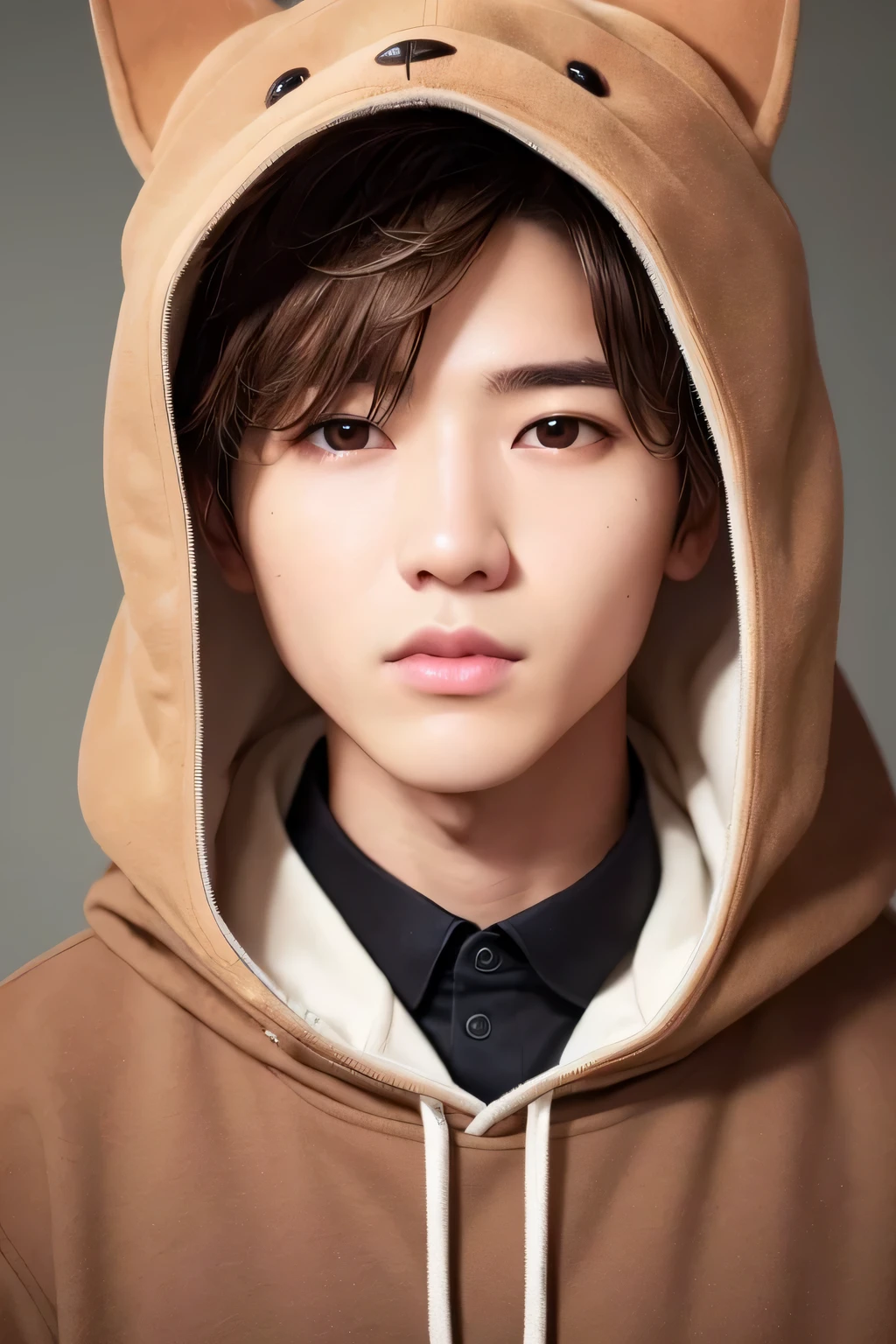 1 person、high quality、masterpiece、4k、Shorthair and brown hair、realistic skin、rough skin、(close-up shot of face:1.23)、、Dog Headgear、dog hoodie、dog hooded hoodie