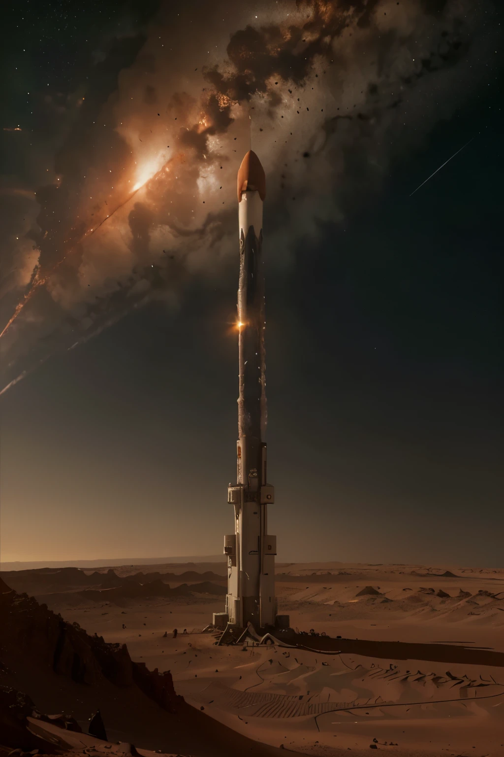 A rocket landing on Mars: Humanity's next frontier - Mars beckons with uncharted mysteries! A moment of triumph unfolds as a sleek, metallic rocket descends upon the rust-red surface of Mars, its engines roaring against the alien twilight sky. The red dust swirls around it in a cloud of fine particles, a testament to the historic achievement. The Martian landscape, with its harsh, angular terrain and vast expanse, stretches out in the background, a tantalizing invitation to humanity's next great adventure. The anticipation and excitement are palpable, as the promise of discovery and innovation fuel the emotions of the onlookers. The