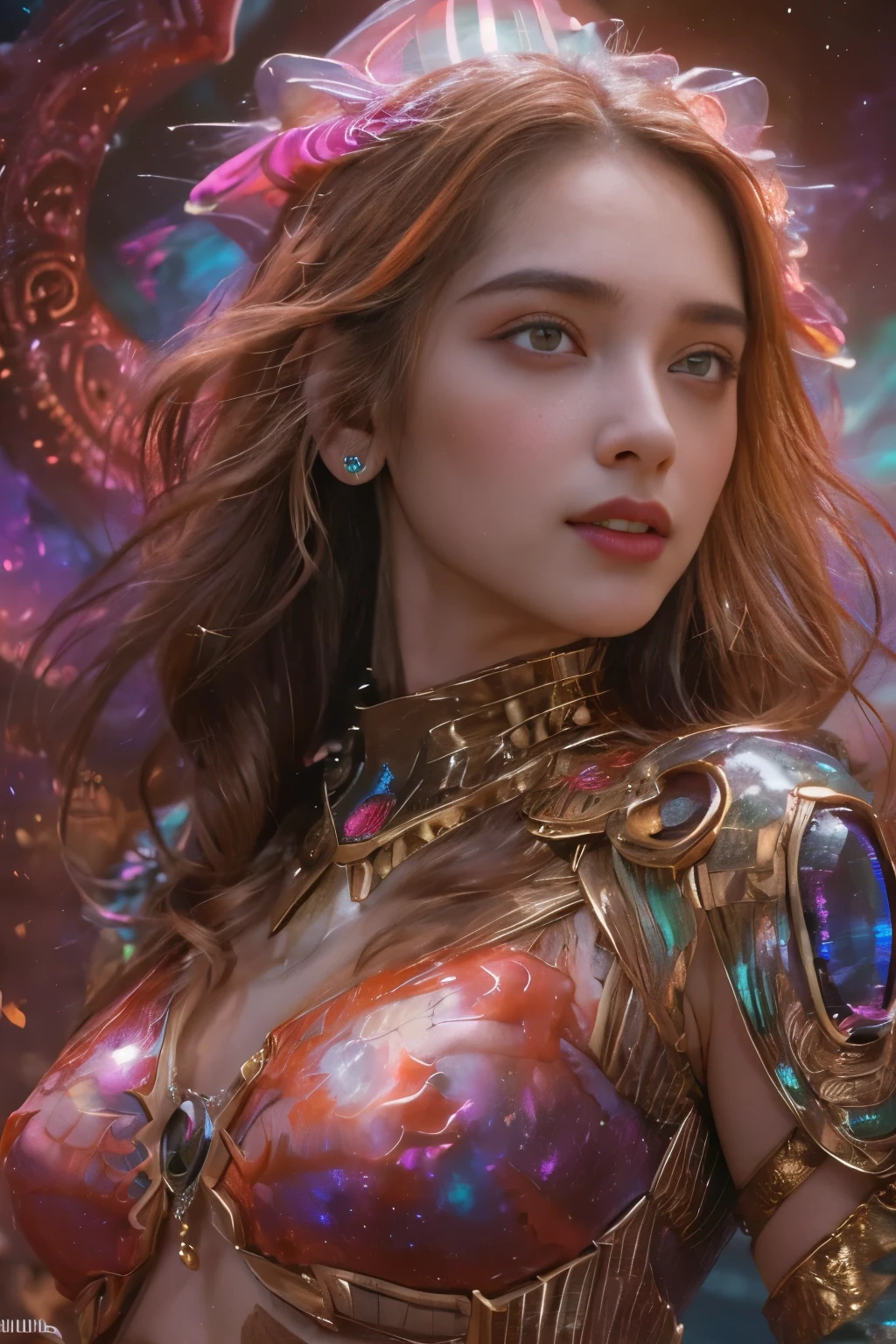 (two beautiful age italian girls:1.6), Close friend, (They are hugging each other:1.2), Kiss her cheek or chest,(be familiar with iridescent bodysuit with beautiful fractal or marble design:1.5), incredibly spectacular scene, ((high quality)), ((be familiar with)), ((fantasy)), blue plasma brain, green plasma body, show your armpits, beautiful breasts, obscene, (lewd smile:1.2), rough, obscene, (immoral:1.2), Lakish, (Small breasts with beautifully raised pink areolas,,:1.5), (camel toe), (expression of ecstasy:1.2), realistic, official art, Unity 8K Wall , 8K portrait, 最high quality, very high resolution, (incredibly beautiful nature background:1.6), (18-year-old:1.5), (sexy and glamorous:1.1), (coquettish expression:1.6), (smile seductively:1.6), (erotic pose:1.9), (model pose:1.8), beautiful seductive face, portrait, (thick eyebrows:1.4), (big scarlet eyes:1.6), Beautiful eyes with high bilateral symmetry, (highly detailed eyes:1.4),(highly detailed face and eyes:1.7), (High resolution red eye:1.8), intimate face, (Super detailed skin texture:1.4), white skin, white skin, perfect anatomy, thin, (Beautiful toned body:1.5), highly detailed hair, (moist skin:1.2), no makeup, (Bear:1.1), excellent anatomy, Focus Face, good looking, (Emilia clarke:0.6) (Emma watson:0.3),(Jennifer connelly:0.4), Elegant face, nice, (A delicately crafted necklace is wrapped around her neck...), (Bioluminescence with a brilliant glow:1.4), (Shining magic circle:1.5), ruins of an ancient castle, Shining majestic clouds and sky, lightning, spectacular realistic, (Greg latkowski:0.8), (teal and orange:0.4), (art station:1.5), cinematic, (NSFW:1.2), Hyper be familiar with, dramatic light, (intricate details:1.1), beautiful black hair, (She wears a gauntlet with a detailed and very beautiful design decorated with jewels:1.1), , Milky Way, (nebula:1.6), Focus on fully armored body