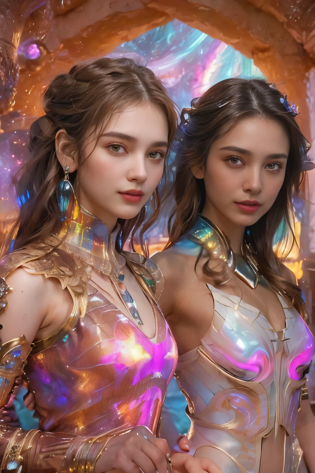 (two beautiful age italian girls:1.6), Close friend, (They are hugging each other:1.2), Kiss her cheek or chest,(be familiar with iridescent bodysuit with beautiful fractal or marble design:1.5), incredibly spectacular scene, ((high quality)), ((be familiar with)), ((fantasy)), blue plasma brain, green plasma body, show your armpits, beautiful breasts, obscene, (lewd smile:1.2), rough, obscene, (immoral:1.2), Lakish, (Small breasts with beautifully raised pink areolas,,:1.5), (camel toe), (expression of ecstasy:1.2), realistic, official art, Unity 8K Wall , 8K portrait, 最high quality, very high resolution, (incredibly beautiful nature background:1.6), (18-year-old:1.5), (sexy and glamorous:1.1), (coquettish expression:1.6), (smile seductively:1.6), (erotic pose:1.9), (model pose:1.8), beautiful seductive face, portrait, (thick eyebrows:1.4), (big scarlet eyes:1.6), Beautiful eyes with high bilateral symmetry, (highly detailed eyes:1.4),(highly detailed face and eyes:1.7), (High resolution red eye:1.8), intimate face, (Super detailed skin texture:1.4), white skin, white skin, perfect anatomy, thin, (Beautiful toned body:1.5), highly detailed hair, (moist skin:1.2), no makeup, (Bear:1.1), excellent anatomy, Focus Face, good looking, (Emilia clarke:0.6) (Emma watson:0.3),(Jennifer connelly:0.4), Elegant face, nice, (A delicately crafted necklace is wrapped around her neck...), (Bioluminescence with a brilliant glow:1.4), (Shining magic circle:1.5), ruins of an ancient castle, Shining majestic clouds and sky, lightning, spectacular realistic, (Greg latkowski:0.8), (teal and orange:0.4), (art station:1.5), cinematic, (NSFW:1.2), Hyper be familiar with, dramatic light, (intricate details:1.1), beautiful black hair, (She wears a gauntlet with a detailed and very beautiful design decorated with jewels:1.1), , Milky Way, (nebula:1.6), Focus on fully armored body
