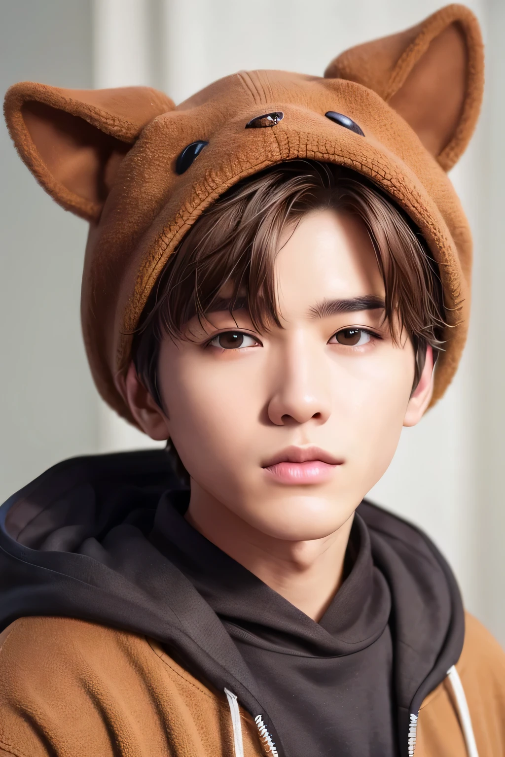 1 person、high quality、masterpiece、4k、Shorthair and brown hair、realistic skin、rough skin、(close-up shot of face:1.23)、、Dog Headgear、dog hoodie、dog hooded hoodie