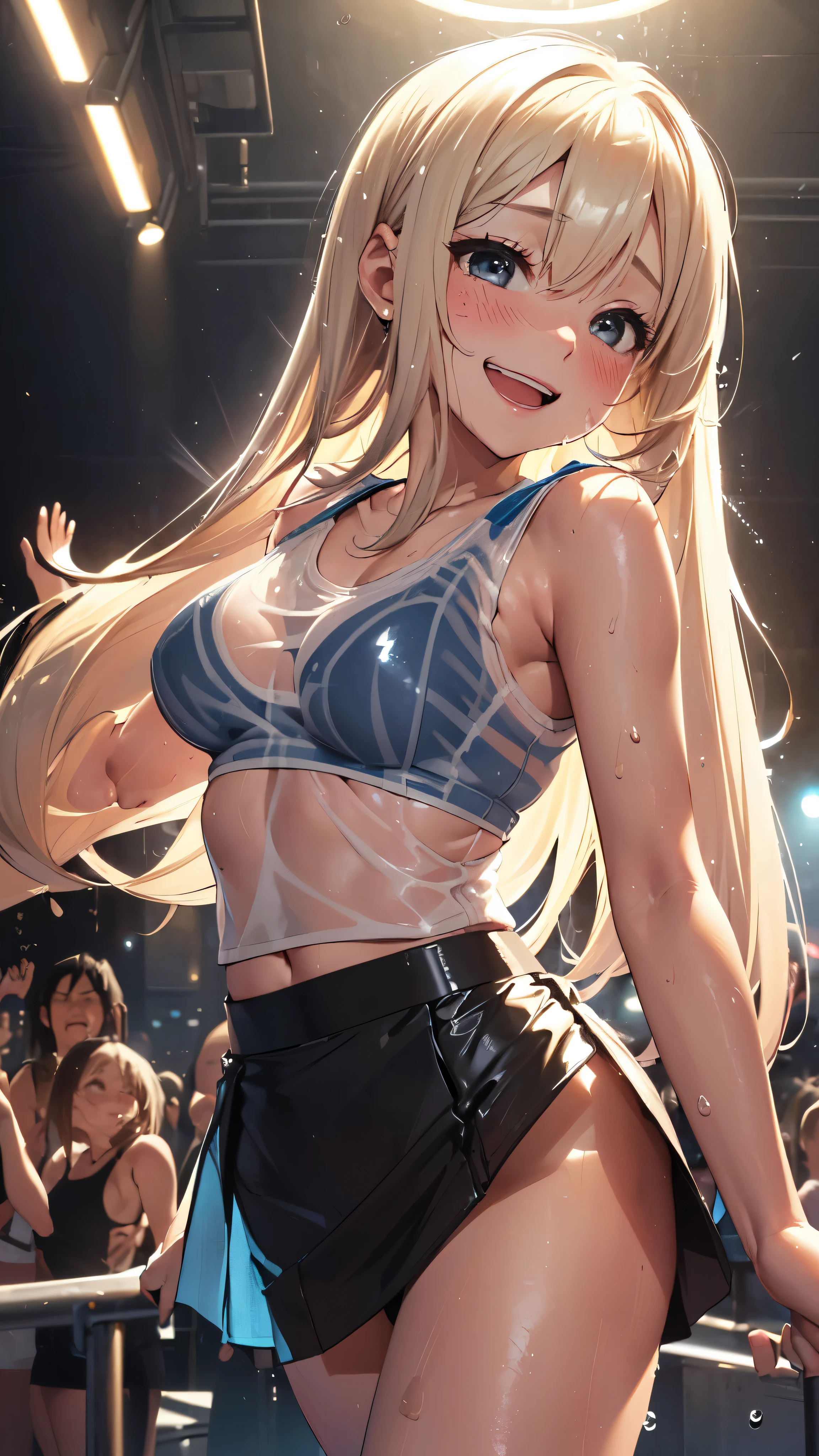 1 female,golden hair,25 years old,(((blue shiny micro tight skirt)))((white tank top))(((blush、open mouth smile)),(((straight hair))),(((portrait))),crowd,,(wet with sweat)(sexy black bra and see-through tank top)()(((small breasts)))