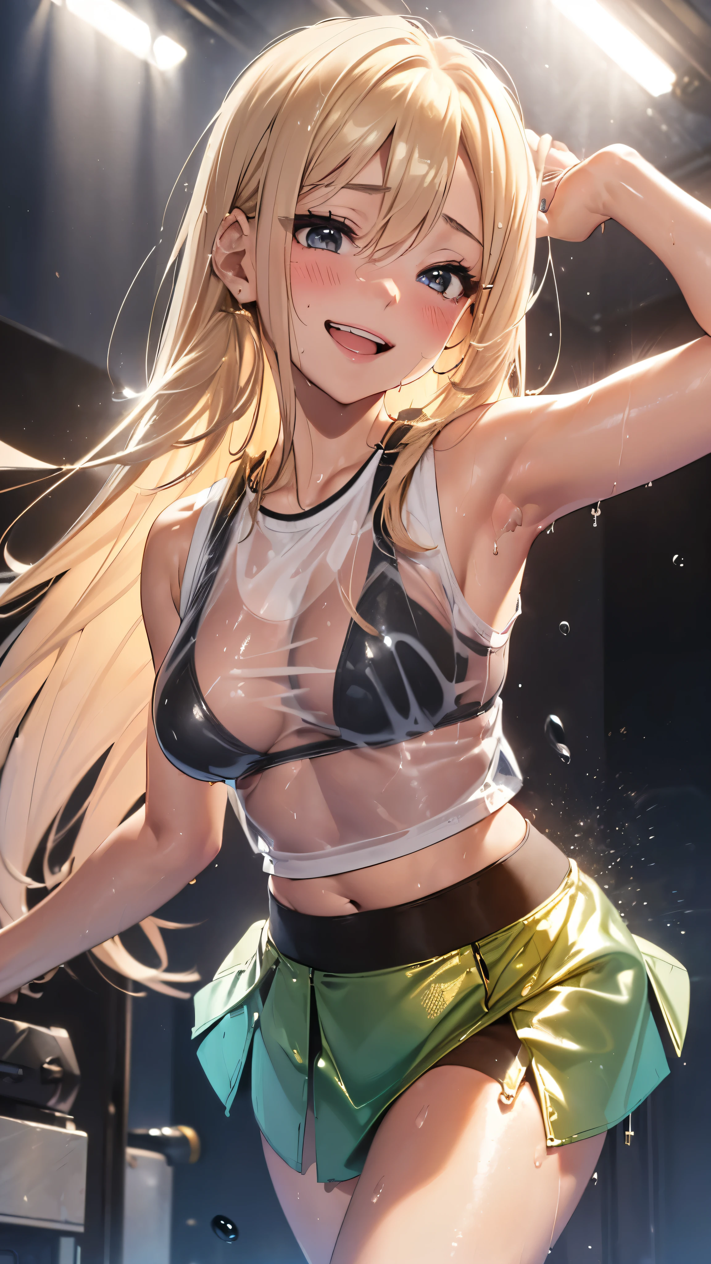 1 female,golden hair,25 years old,(((blue shiny micro tight skirt)))((white tank top))(((blush、open mouth smile)),(((straight hair))),(((portrait))),crowd,,(wet with sweat)(sexy black bra and see-through tank top)()(((small breasts)))