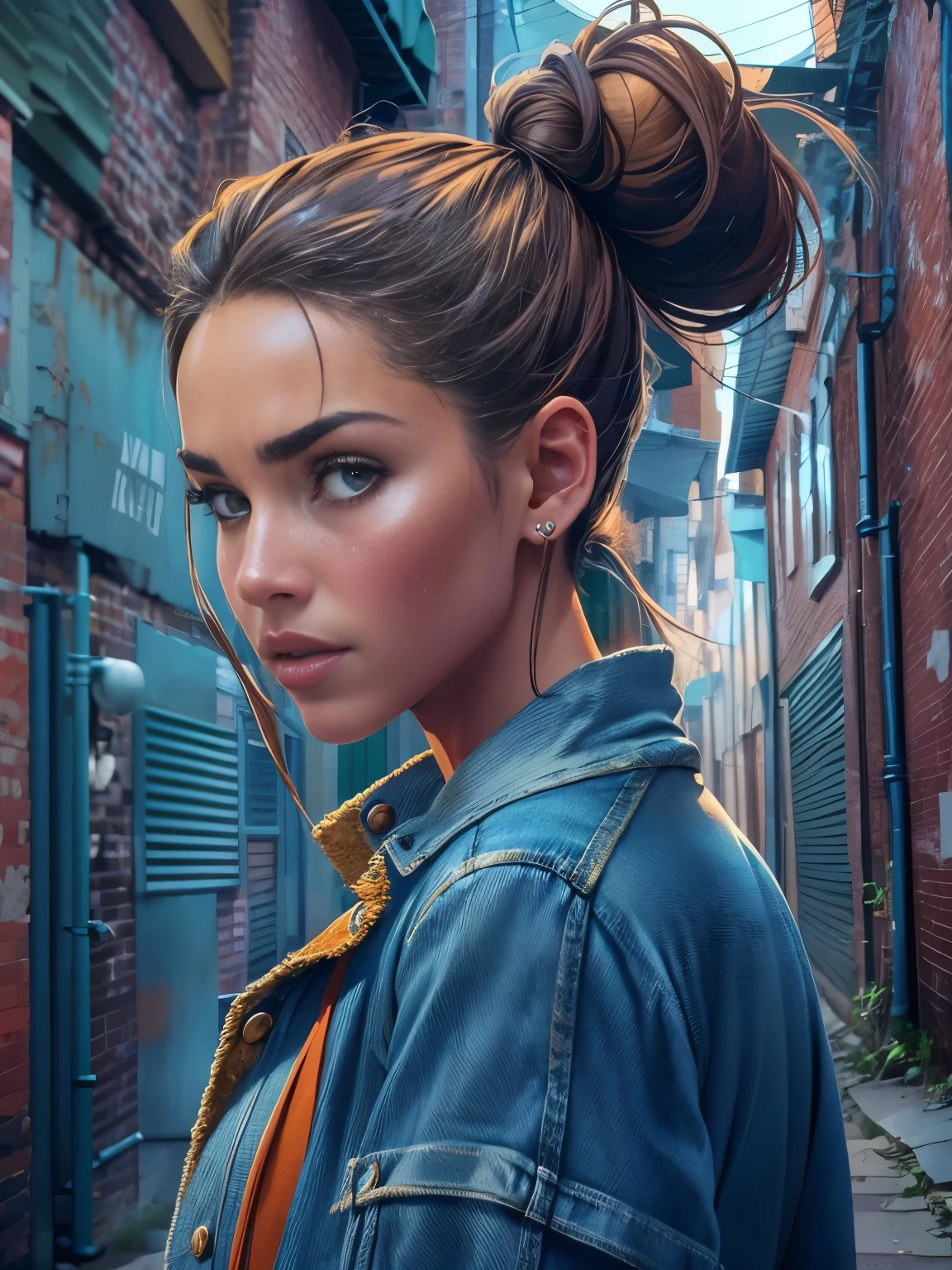 photorealistic, high resolution, 1 beautiful female, long topbun hairstyle, brown hair, blue denim streetwear, background back alley street, dynamic pose, dramatic, chromatic aberration. 