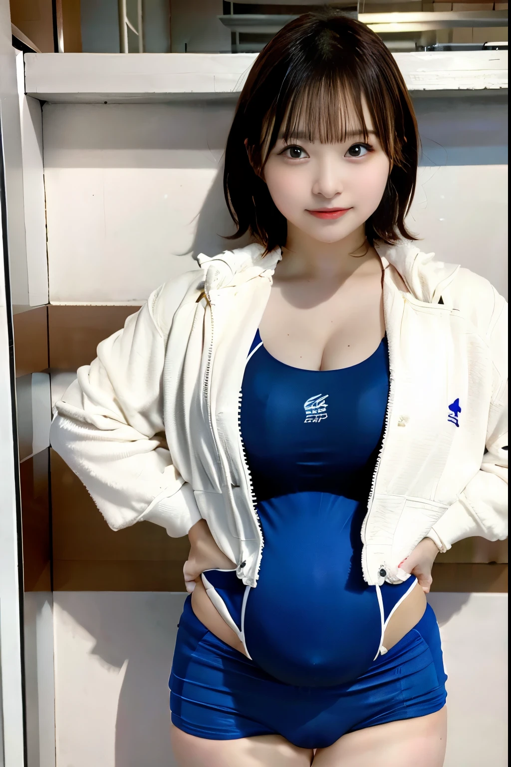 pregnant woman with big belly、13 year old girl、volleyball uniform、short hair、Sexy pose in volleyball coat