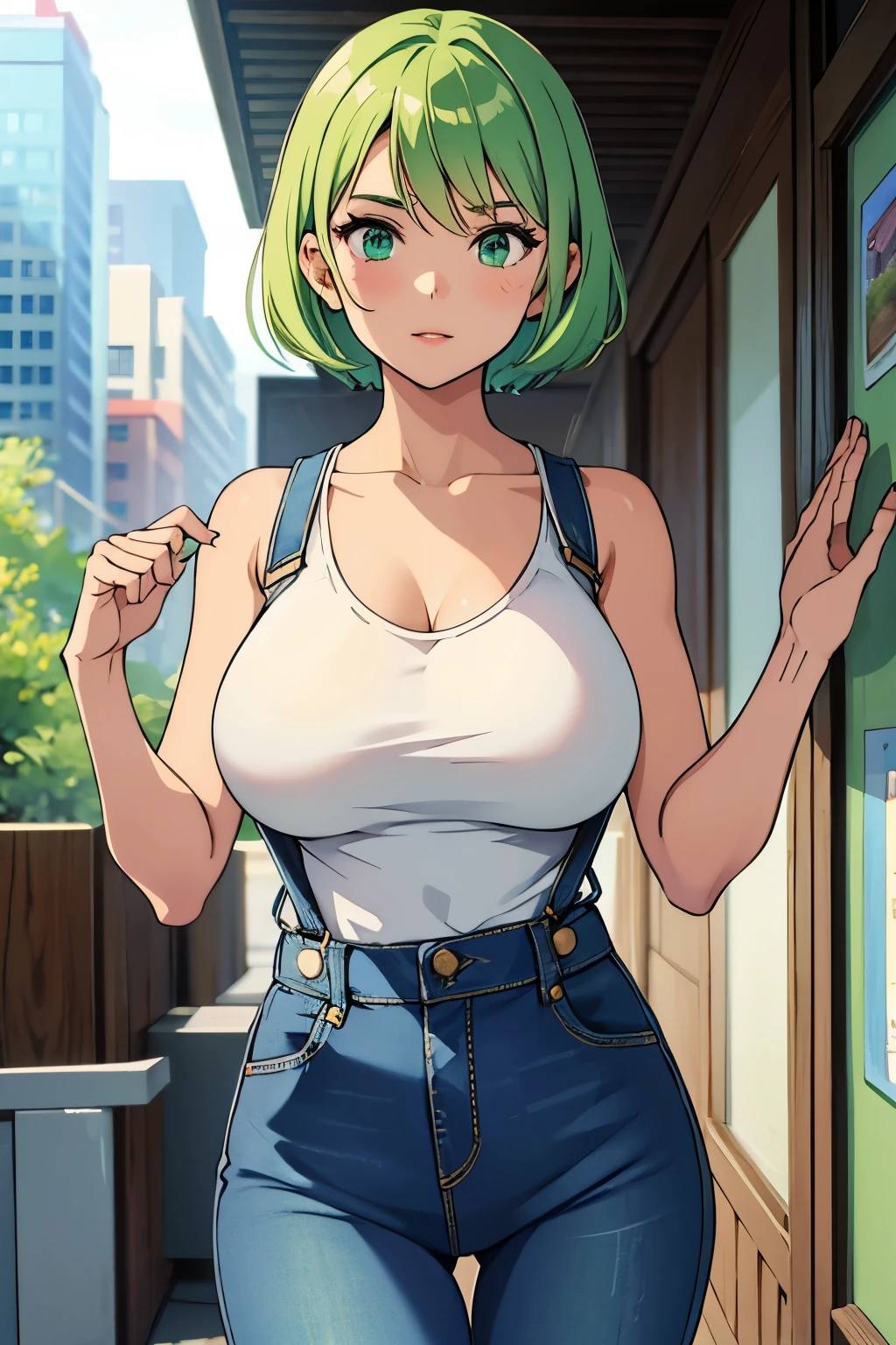 Cute girl, short light green hair, big breasts, Fitini overall jeans