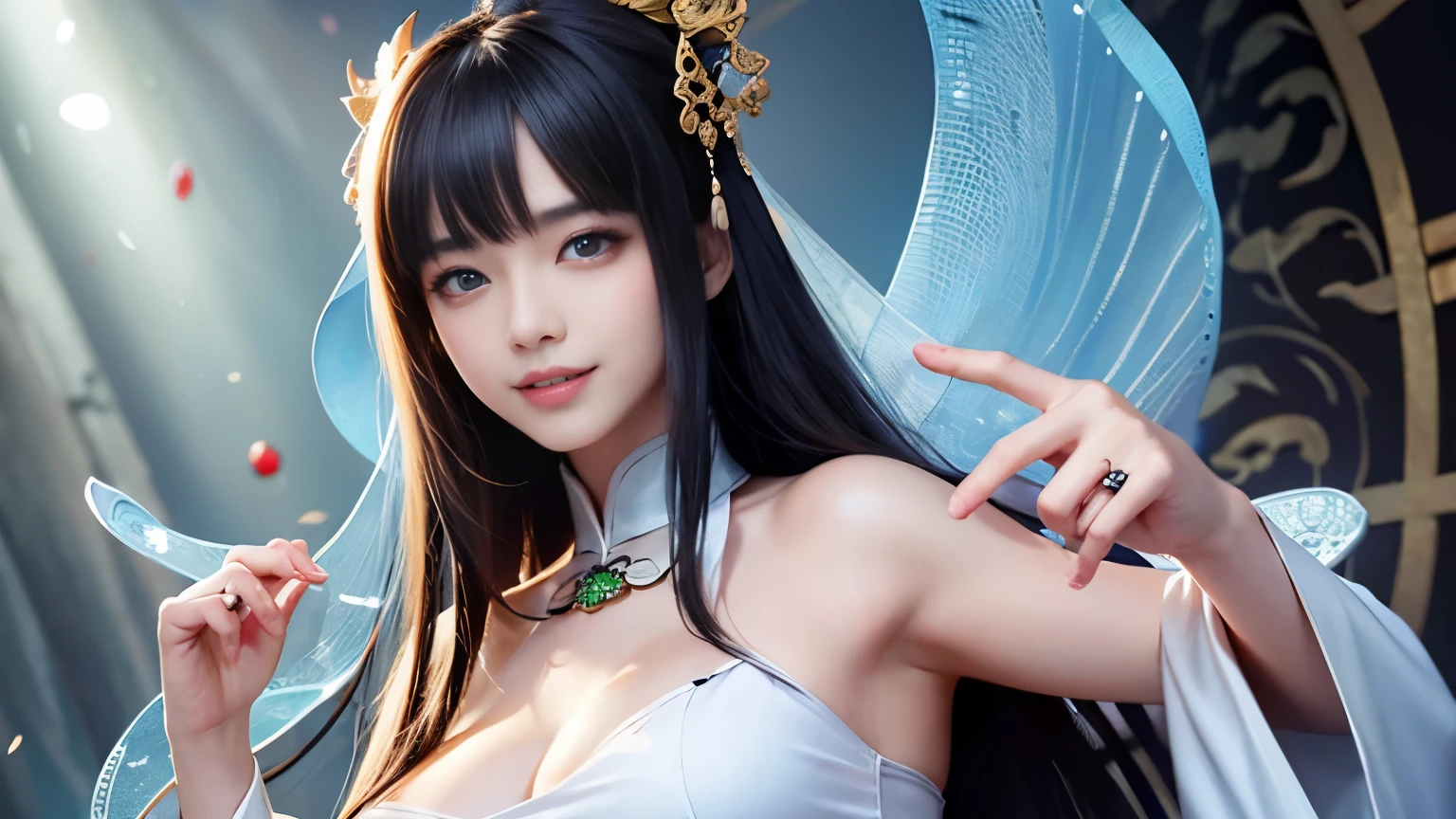 realistic, High resolution, 1 female, hip up, beautiful eyes, Ring-shaped eyes, jewelry, tattoo, Hanfu, chinese fairy, taoist uniform、cleavage、smile