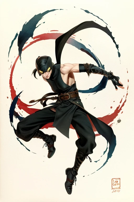 NINJA,ink painting,Fight、jump