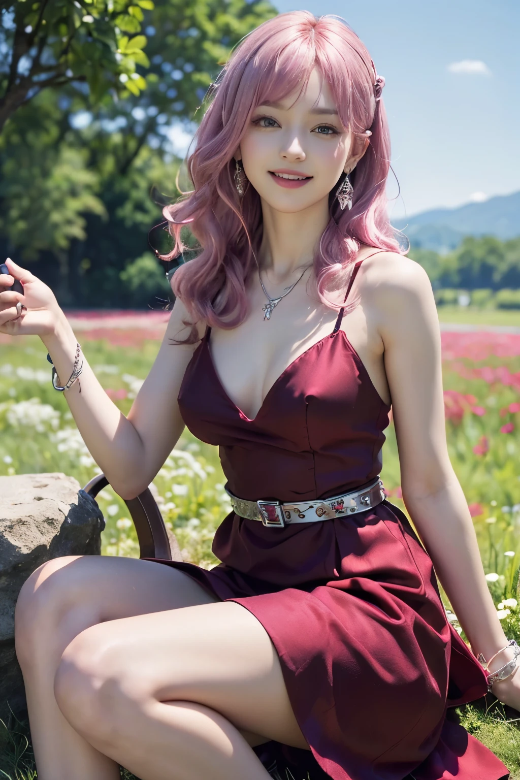 (8K, top-quality, masterpiece:1.2), (reallistic, Photorealsitic:1.37), Super Detail, One girl, (Highly detailed), (beautifully detailed eyes), (of the highest quality), (super detailed), (masterpiece), (Detailed face), 20yr old, 1 girl, (pink hair, long hair), medium breasts, clothed, Perfect Lighting, BREAK (red Tailored fit dress:1.4), (Dresses with lots of jewels:1.3) , satin, shiny, thin straps, V-neck, ribbon on waist, (black pumps:1.3), high heels, (silver necklace:1.2), (silver earrings:1.2), BRAKE, (upper body to knee:1.3), (curly pink hair on left side:1.4), (smiling at camera:1.2), (holding dress hem with right hand:1.3), (flower field or castle:1.2), (light blue sky:1.2)