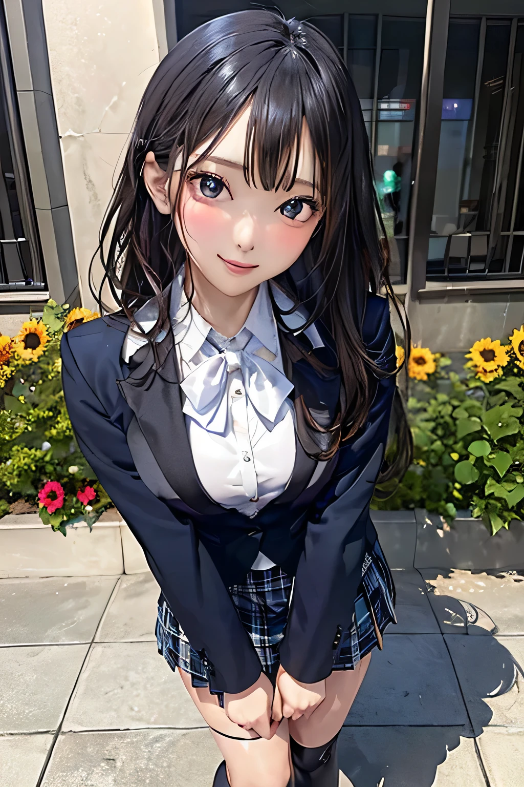 NSFW, ((Stand upright with one foot in front of the other)),(full body shot, full body figure), ((Cute symmetrical face)),8k, masterpiece, RAW photo, highest quality, photorealistic, Highly detailed CG Unity 8k wallpaper,(biologically correct form),(masterpiece:1.2, highest quality), (realistic, photorealistic:1.4), beautiful illustrations, (natural side lighting, movie lighting), looking at the viewer, ((focus on the face)), 1 girl, 25 years old, perfect face, perfect body, shiny skin, beautiful hair, beautiful face, beautiful eyes, symmetrical, beautifully detailed eyes, beautiful body, beautiful breasts, beautiful arms、beautiful thighs, ((beautiful long and slender legs)), (small ass),blush, (Symmetrical black stiletto heels and anklets), (biologically correct form), (cute smile), ((blue blazer, Clothes nearby), white collared shirt, Black Check Pleated Skirt, tie)、The background is a bed of sunflowers、Gothic ta