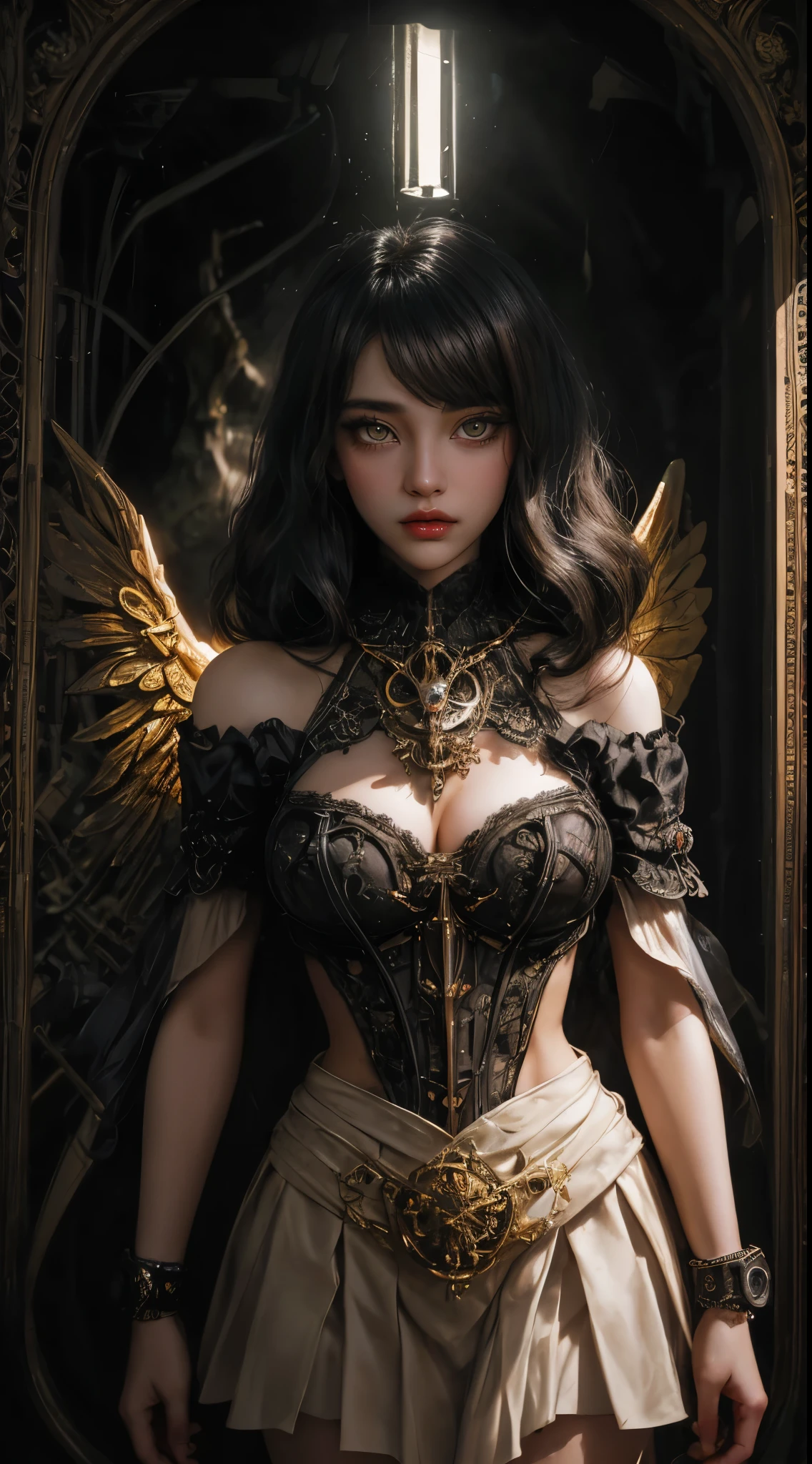 Machine doll girl, very cute and very adorable, , very short bob with bangs, Shiny jet-black hair, off the shoulder, (((very super realistic))), (very realistic and accurate eye))), mirror polished excessive steampunk, skeleton body, iridescent luminosity, intricate mechanical wings, decadent surrealism, Victorian rococo cyberpunk gothic machine, Lace and ruffle flared pleated mini skirt, background detail, organic, neon tube linkage. Special enchantment, special magic, (((very dark dramatic cinematic lighting, very dark ruins, deep depth of field))), (((very large slanted big eyes))), light reflecting moist eyes, long eyelashes, thin nose, small mouth, glossy beige lips, thin chin, clear white glossy skin, slender body.