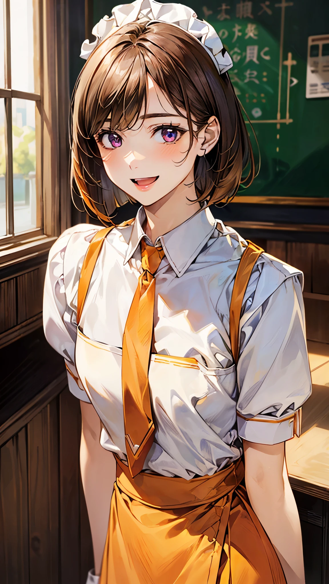 (masterpiece:1.2, top-quality), (realistic, photorealistic:1.4), beautiful illustration, (natural side lighting, movie lighting), , 
looking at viewer, (face focus, upper body), 1 girl, high school girl, japanese, perfect face, perfect anatomy, cute and symmetrical face, small face, round face, shiny skin, 
(short hair:1.6, bob cut:1.5, brown hair, view diagonally from the right), asymmetrical bangs, purple eyes, long eye lasher, (middle breasts), slender, 
beautiful hair, beautiful face, beautiful detailed eyes, beautiful clavicle, beautiful body, beautiful chest, beautiful thigh, beautiful legs, beautiful fingers, 
((symmetrical clothing, (waitress uniform:1.2), orange yellow uniform, yellow sleeves, orange skirt, orange necktie, white apron, sun visor)), 
(beautiful scenery), depth of field, morning, (fast food shops), (waving own right hand)), girl posing in front of window, (happy smile, open mouth), 