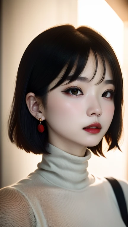 one girl, An ennui look、upper body angle、 concrete background、Because I'm slender、small breasts、turtleneck shirt、earrings、Accurately detailed hair behavior、Valletta、bob cut、 short hair, colorful hair, compensate, parted lips, red lips, eyeliner particles,black and white photography:1.3、RAW photo)))、highest quality、ultra high resolution、masterpiece、background blur,