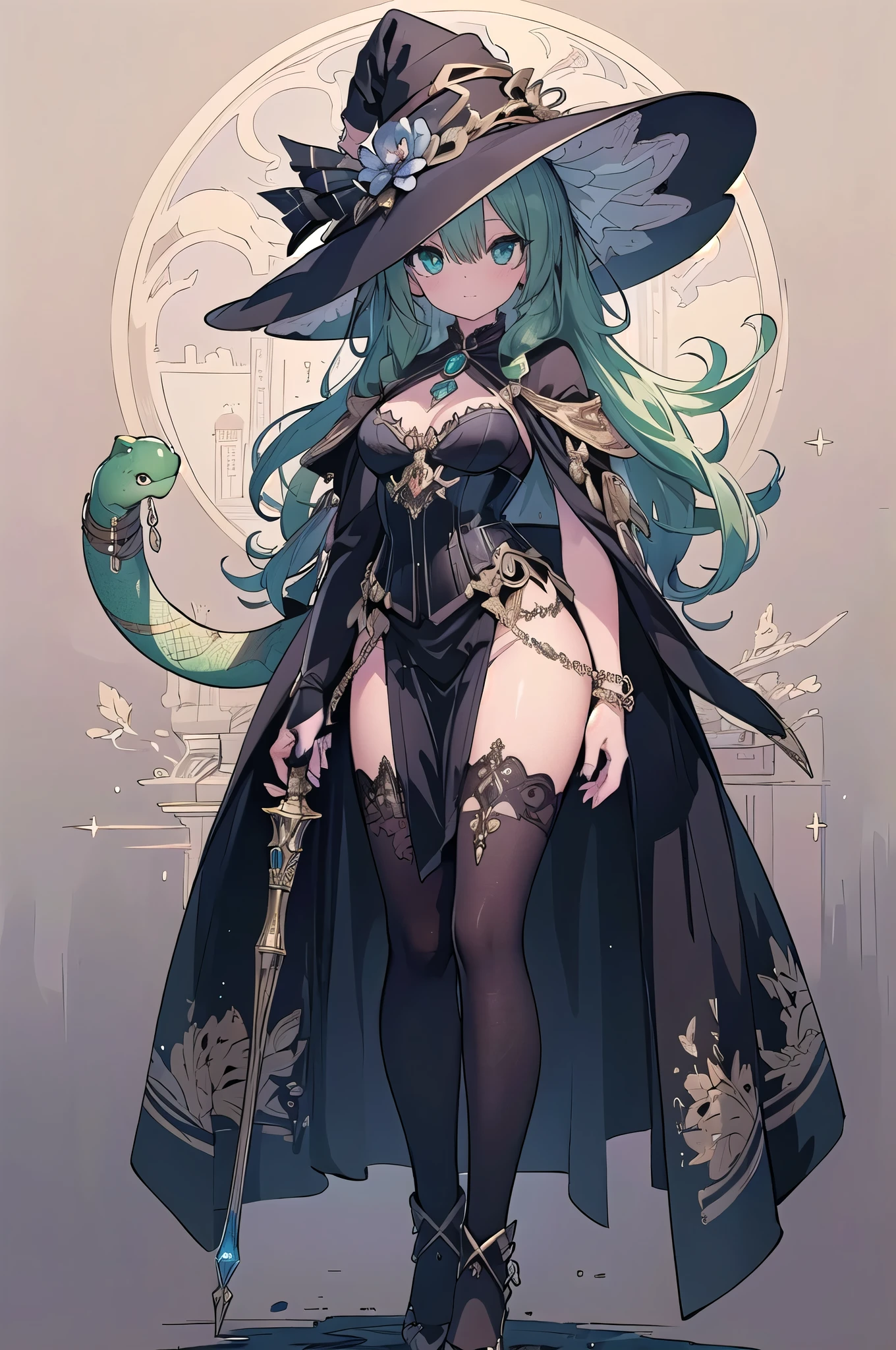 ((Highly accurate drawing in every detail)Extremely precise depiction)[High resolution],(detailed illustrations,とてもfineで緻密な描画,Delicate drawn lines with tempo,Realistic texture expression),[color traced main line],(fantasy world battlefield [burning castle]),(ROBOT GIRL[snake woman[medusa]](emerald witch [witch hat [[iron mask]METALFACE[clear lenticular iris]]])[WEAPON MACHINE],(scaleで覆われたケープ [green crystal corset [snake chain [scale]]]),[Transparent material that covers the body surface[clear green]],(pattern of poisonous snake),[use a magic wand as a weapon],[[Mobile Weapon Gigant Size][science fiction mechanical]],(intricate and beautiful decoration [Dense detail]),[transparency],(Precisely drawn face),((Precisely drawn eyes))[完璧な目のdetailed((Beautiful eyes like jewels)Iris drawn in precise detail)[clearly drawn pupils]],(eye light[Pinpoint lighting for the eyes]),[long and beautiful eyelashes],[precisely drawn hair [美しく艷やかな髪のdetailed]],(完璧な手のdetailed [Beautiful fingers with no damage [beautiful nails]]),(perfect anatomy(perfectly balanced proportions))[[full body portrait]],[ideal color coordination(Accurate simulation of light and material interactions)],([precision detail](detailed,高fine)),[Visual art that tells a story],((highest quality)fine[[High density drawing]])(4K quality).