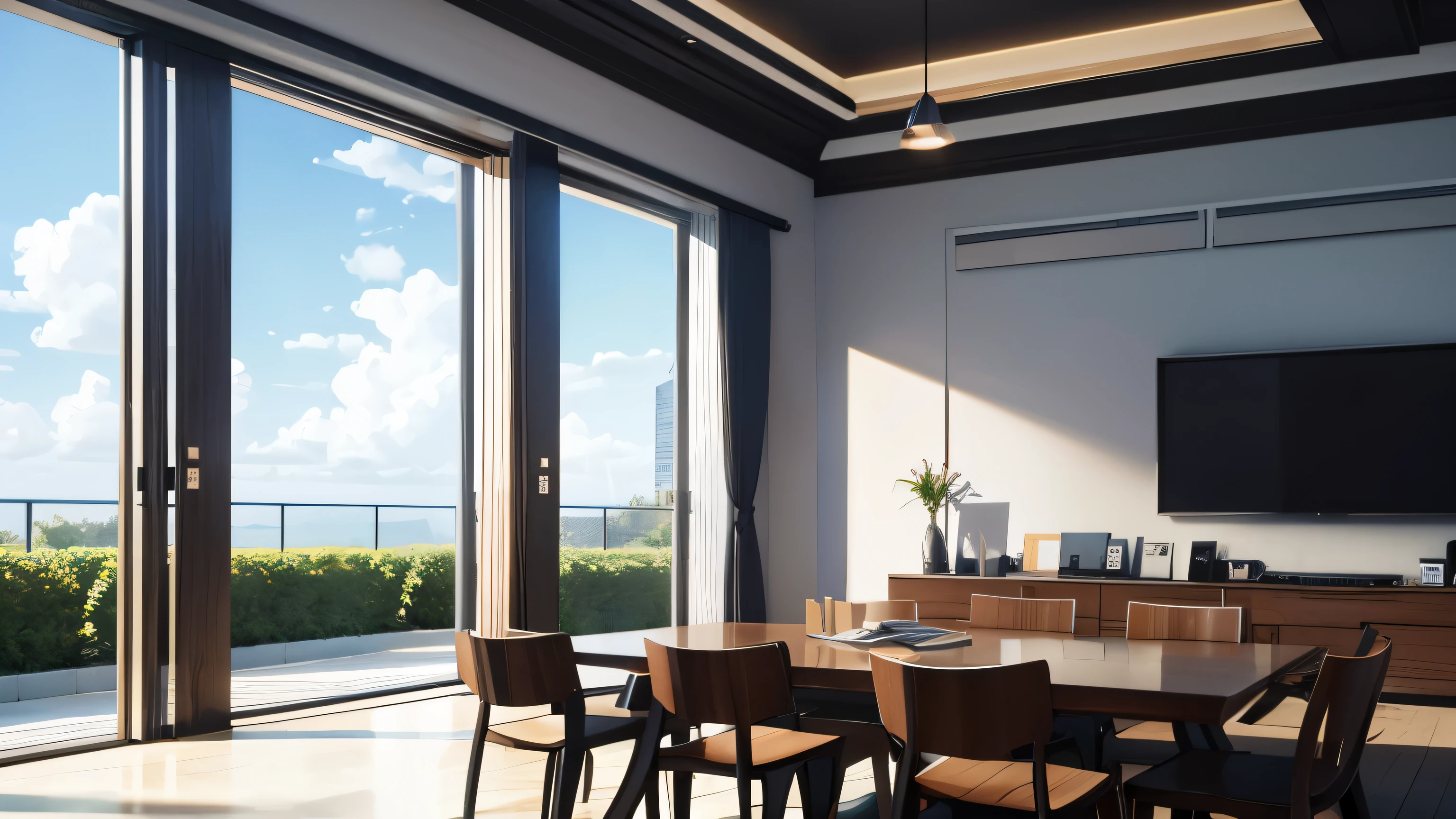 you are a famous interior designer、I was asked to create a 3D image of a large modern room.。. Create a harmonious environment with modern and minimalist furniture. Including garden interior.