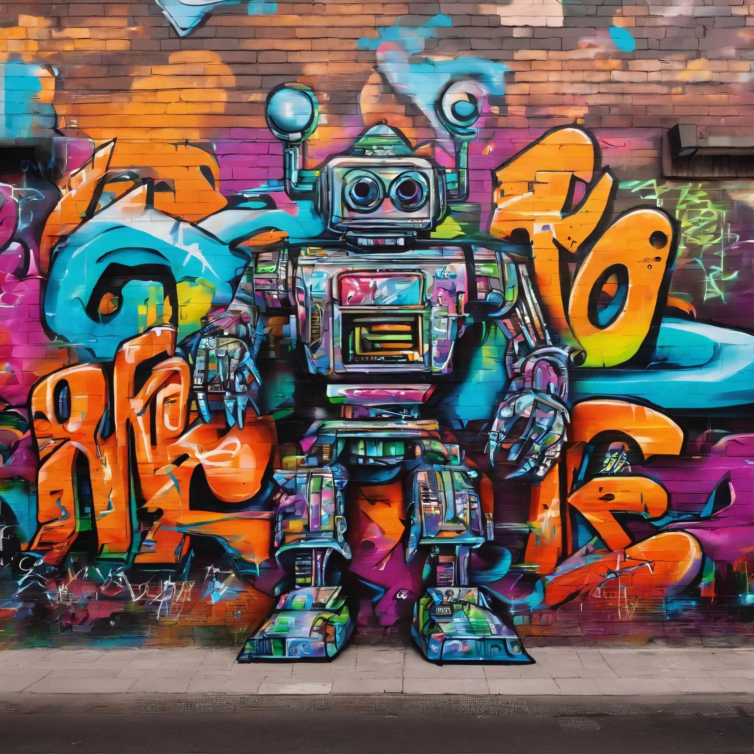 realistic and design robot who made graffiti on the wall with calligraphie letters with a lot of colors , for 3 big letters dho are K F C in 3 dimensions with the style of subliminal and magical finishîng