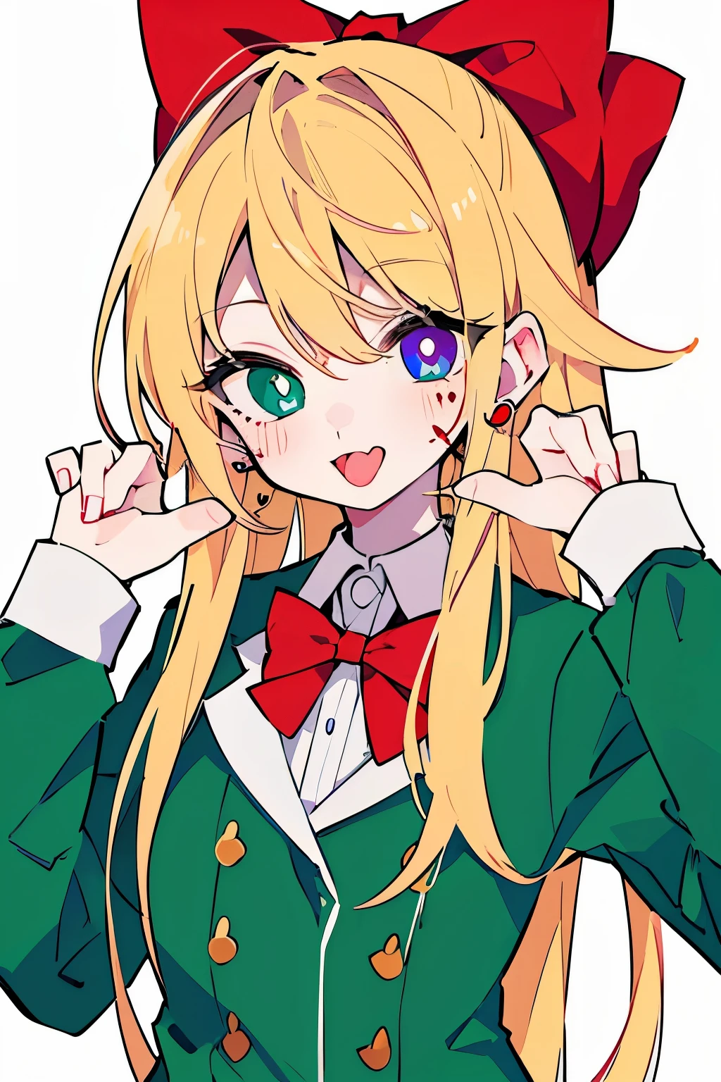 1girl, solo, long_hair, blood, blonde_hair, blood_on_face, bow, blood_on_hands, blue_eyes, hair_bow, tongue, looking_at_viewer, red_bow, bangs, tongue_out, long_sleeves, upper_body, blood_on_clothes, sleeves_past_wrists, open_mouth, green_jacket, heterochromia, orange_eyes, heart, symbol-shaped_pupils, jacket, earrings, hand_up, jewelry, dress, smile, flat color:1.2