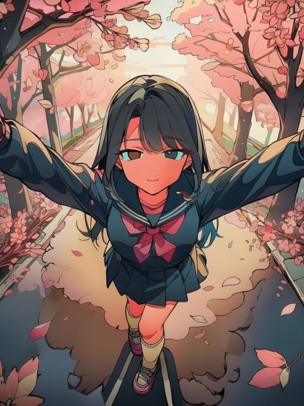 (8k, Live shooting, best quality, Pianfei: 1.2), HD RAW color photos, Professional photography, movie lighting, ((1 girl)), looking up posture, full face cheeks, Smile, tiger gesture, rotation posture, Widen hem of skirt, ((maid outfit)), Spring cherry blossom scenery, clear sky, (Sunny day and white clouds), Boulevard,  full-body shot, telephoto zoom, Trees and spring cherry blossoms, ((composition seen from above, looking up posture)), soft light, high quality, professional lighting, photon mapping, Physically based rendering,