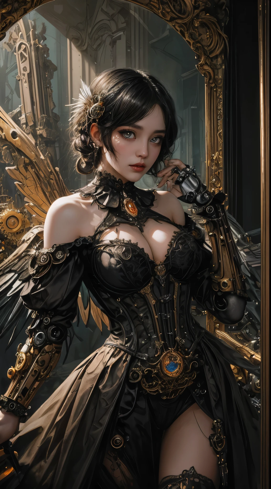 Machine doll girl, very cute and very adorable, 14 years old, very short bob with bangs, Shiny jet-black hair, off the shoulder, (((very super realistic))), (((very realistic and accurate eye))), (((mirror polished excessive steampunk))), skeleton body, iridescent luminosity, (((intricate mechanical wings))), (((decadent surrealism))), (((Victorian rococo cyberpunk gothic machine))), Lace and ruffle flared pleated mini skirt, background detail, organic, neon tube linkage. Special enchantment, special magic, (((very dark dramatic cinematic lighting, very dark ruins, deep depth of field))), (((very large slanted big eyes))), light reflecting moist eyes, long eyelashes, thin nose, small mouth, glossy beige lips, thin chin, clear white glossy skin, slender body.