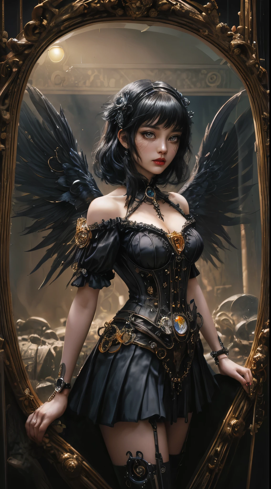 Machine doll girl, very cute and very adorable, 14 years old, very short bob with bangs, Shiny jet-black hair, off the shoulder, (((very super realistic))), (((very realistic and accurate eye))), (((mirror polished excessive steampunk))), skeleton body, iridescent luminosity, (((intricate mechanical wings))), (((decadent surrealism))), (((Victorian rococo cyberpunk gothic machine))), Lace and ruffle flared pleated mini skirt, background detail, organic, neon tube linkage. Special enchantment, special magic, (((very dark dramatic cinematic lighting, very dark ruins, deep depth of field))), (((very large slanted big eyes))), light reflecting moist eyes, long eyelashes, thin nose, small mouth, glossy beige lips, thin chin, clear white glossy skin, slender body.