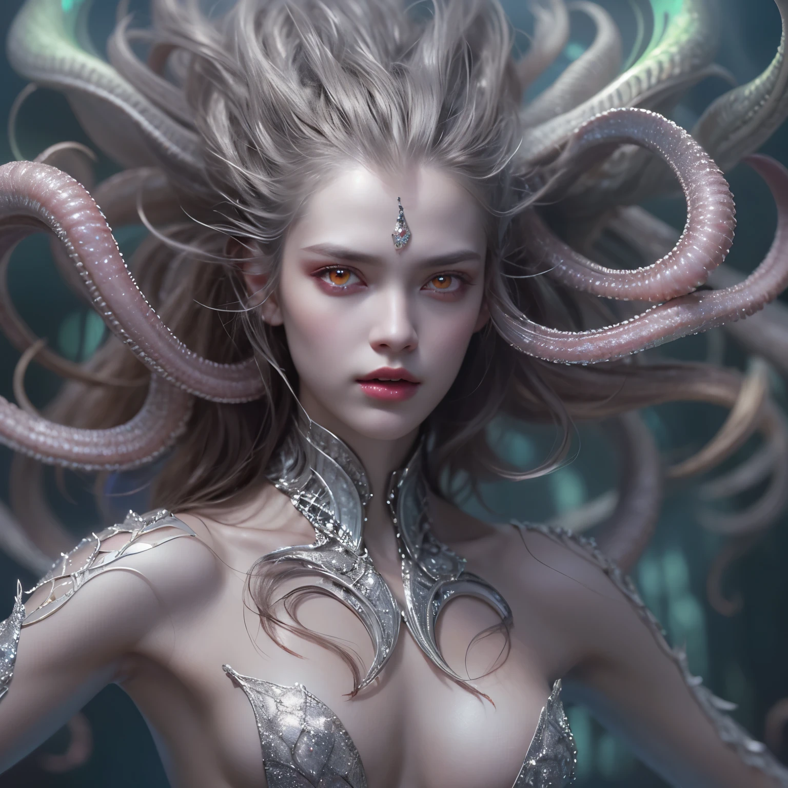 (1 female Alien: 1.2), With a beautiful, enchanting face, this alien seduces us with her allure. Her captivating red eyes gleam brightly, reminiscent of burning embers. Her full body is unlike any human's, boasting a sexy, otherworldly form. No humans are present in this scene as she stands alone, her cells fused in a unique and intriguing extraterrestrial way.
(extraordinary beautiful nude photo:1.4), (glowing silver eyes:1.5), (sexy and glamorous:1.1), (coquettish expression:1.2), toned lean body, (muscular:1.2), (beautiful abs:1.5), beautiful nipples,  She has lots of iridescent translucent tentacles instead of her hair, pale skin, (white skin with prominent veins:1.3),
Lots of iridescent translucent tentacles adorn her body, shimmering under the dramatic lighting. Her pale skin, with a hint of translucency, adds to her ethereal allure. This masterpiece, rendered in 