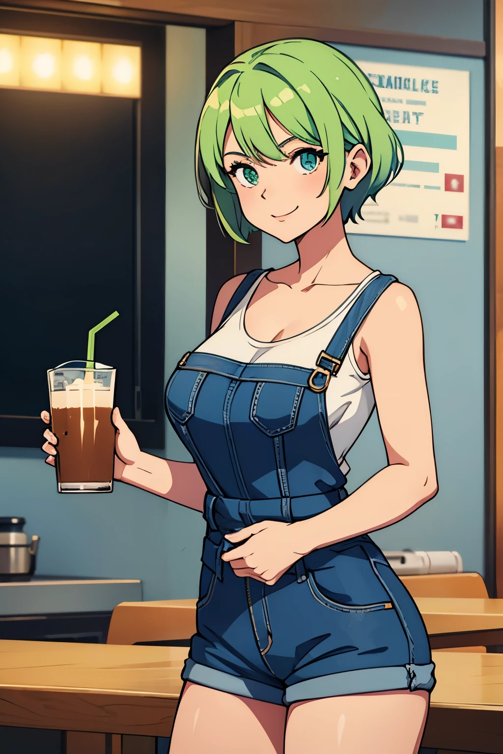 Cute girl, short light green hair, big breasts, Fitini overall jeans, Thin waist, smile, drink ice coffee