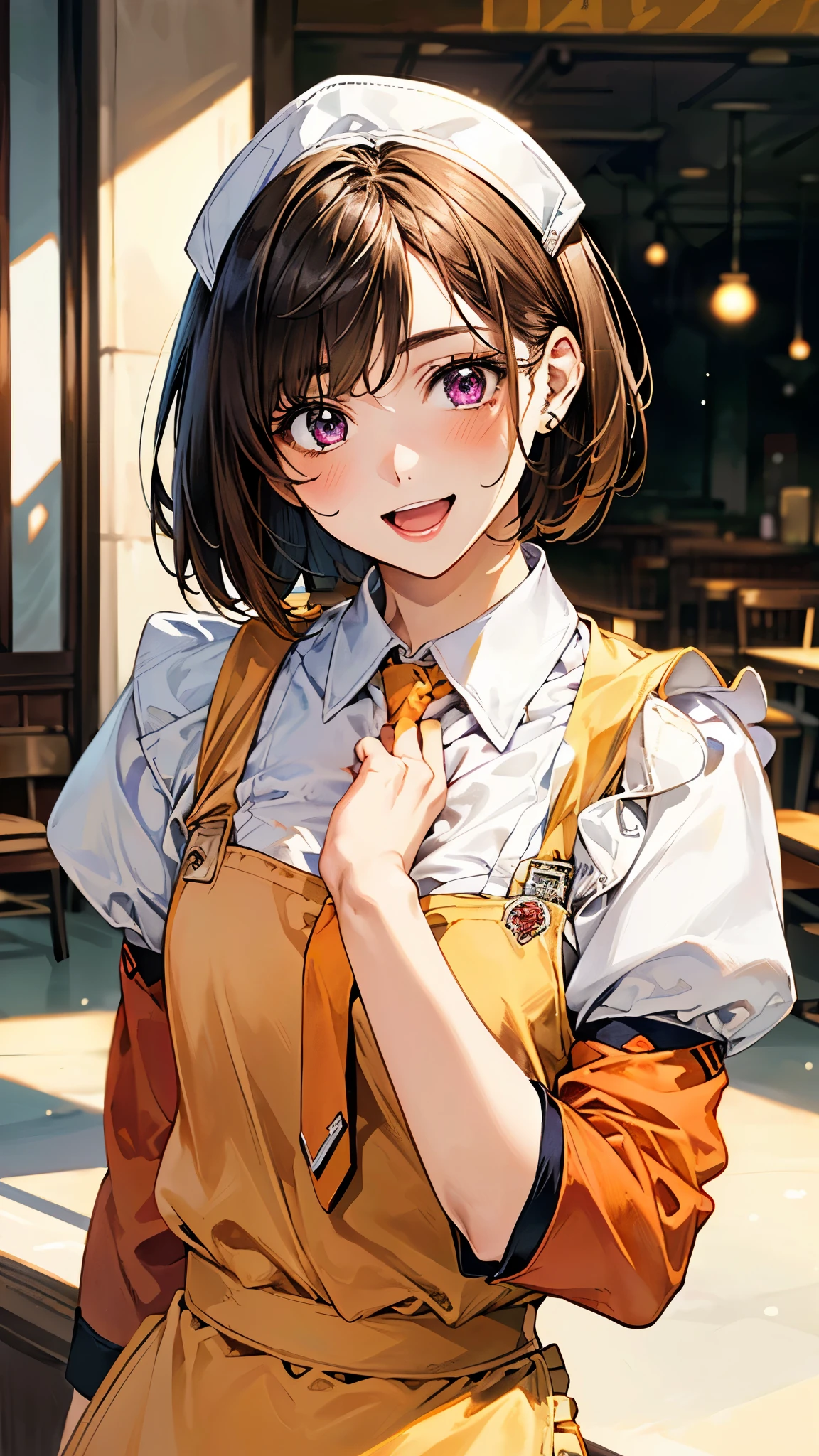 (masterpiece:1.2, top-quality), (realistic, photorealistic:1.4), beautiful illustration, (natural side lighting, movie lighting), ,
looking at viewer, (face focus, upper body), 1 girl, high school girl, japanese, perfect face, perfect anatomy, cute and symmetrical face, small face, round face, shiny skin,
(short hair:1.6, bob cut:1.5, brown hair, view diagonally from the right), asymmetrical bangs, purple eyes, long eye lasher, (middle breasts), slender,
beautiful hair, beautiful face, beautiful detailed eyes, beautiful clavicle, beautiful body, beautiful chest, beautiful thigh, beautiful legs, beautiful fingers,
((symmetrical clothing, (waitress uniform:1.2), orange yellow uniform, yellow sleeves, orange skirt, orange necktie, white apron, sun visor)),
(beautiful scenery), depth of field, morning, (fast food shops), (waving own right hand)), girl posing in front of window, (happy smile, open mouth),