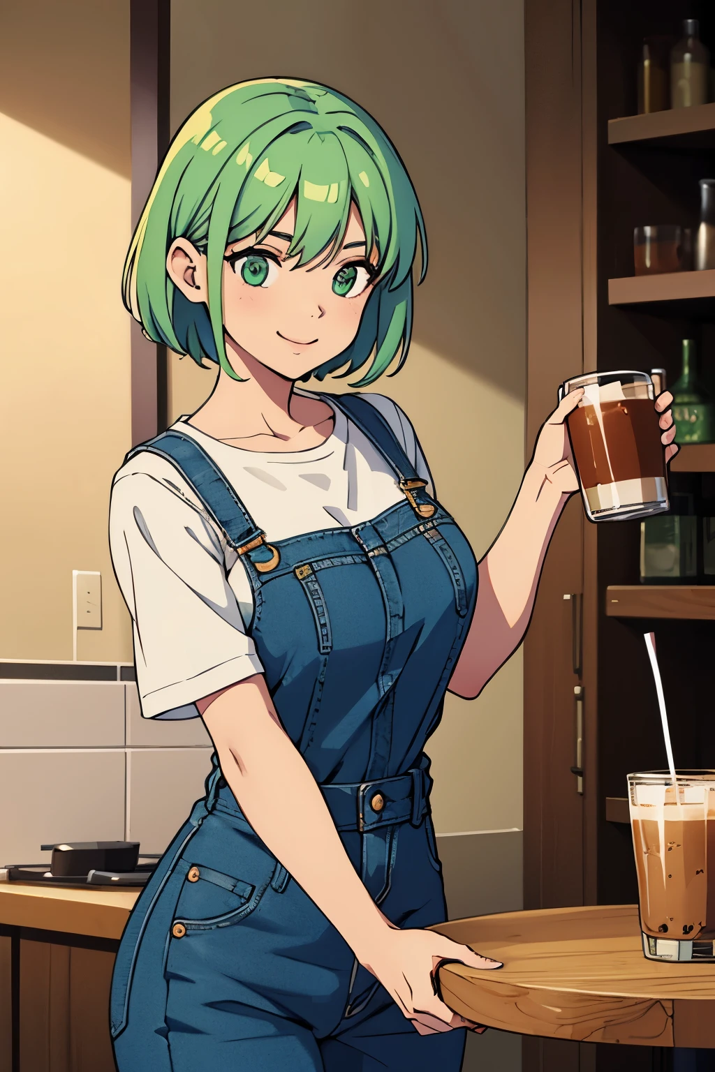 Cute girl, short light green hair, big breasts, Fitini overall jeans, Thin waist, smile, drink ice coffee