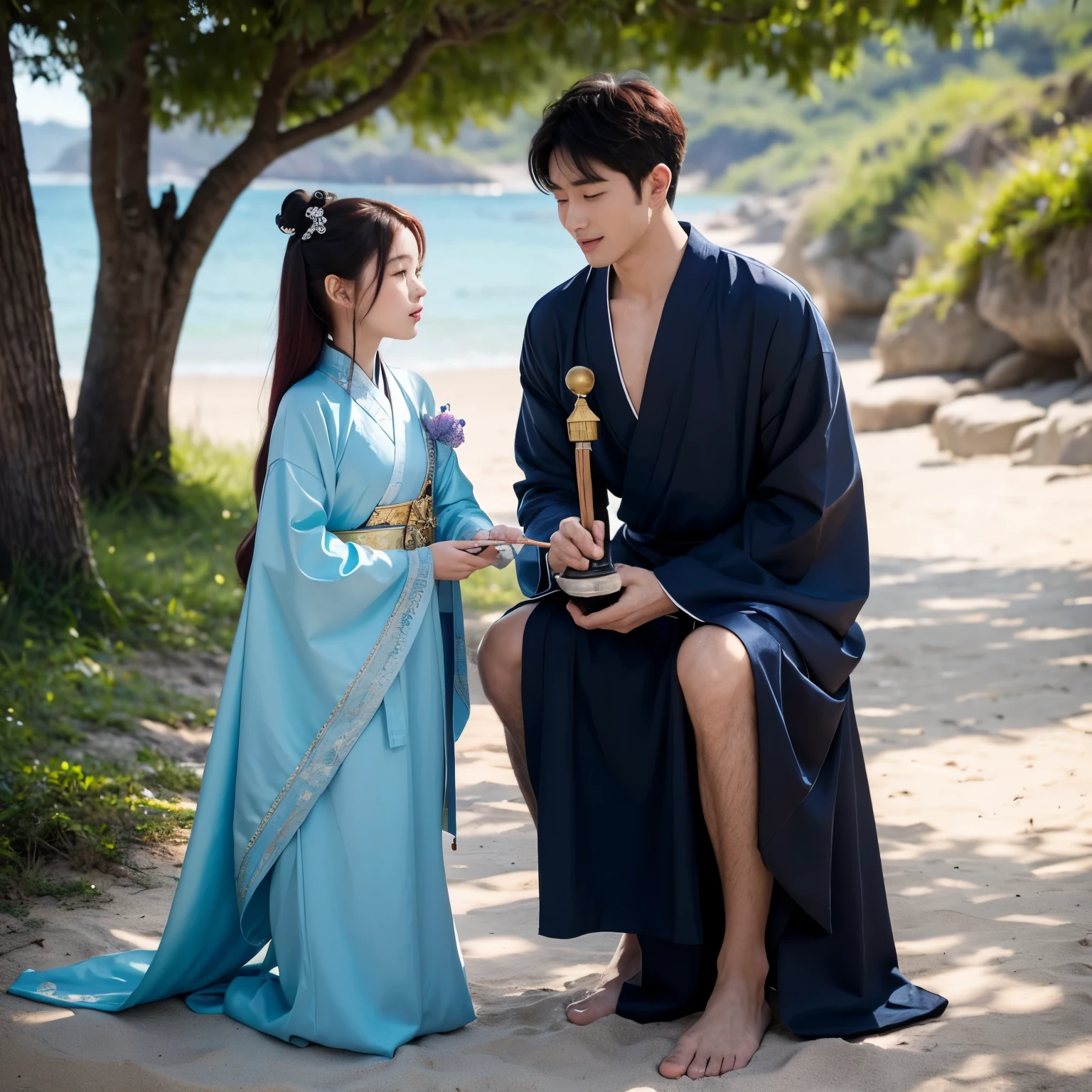 The background of a photo of a man and a woman is a fairy-like young man wearing a navy blue Taoist robe from ancient Chinese costumes on the beach. He is holding a Sanqing bell in his hand and pretending to subjugate the white-skinned Disney-style Little Mermaid with red hair and shell beside him. female