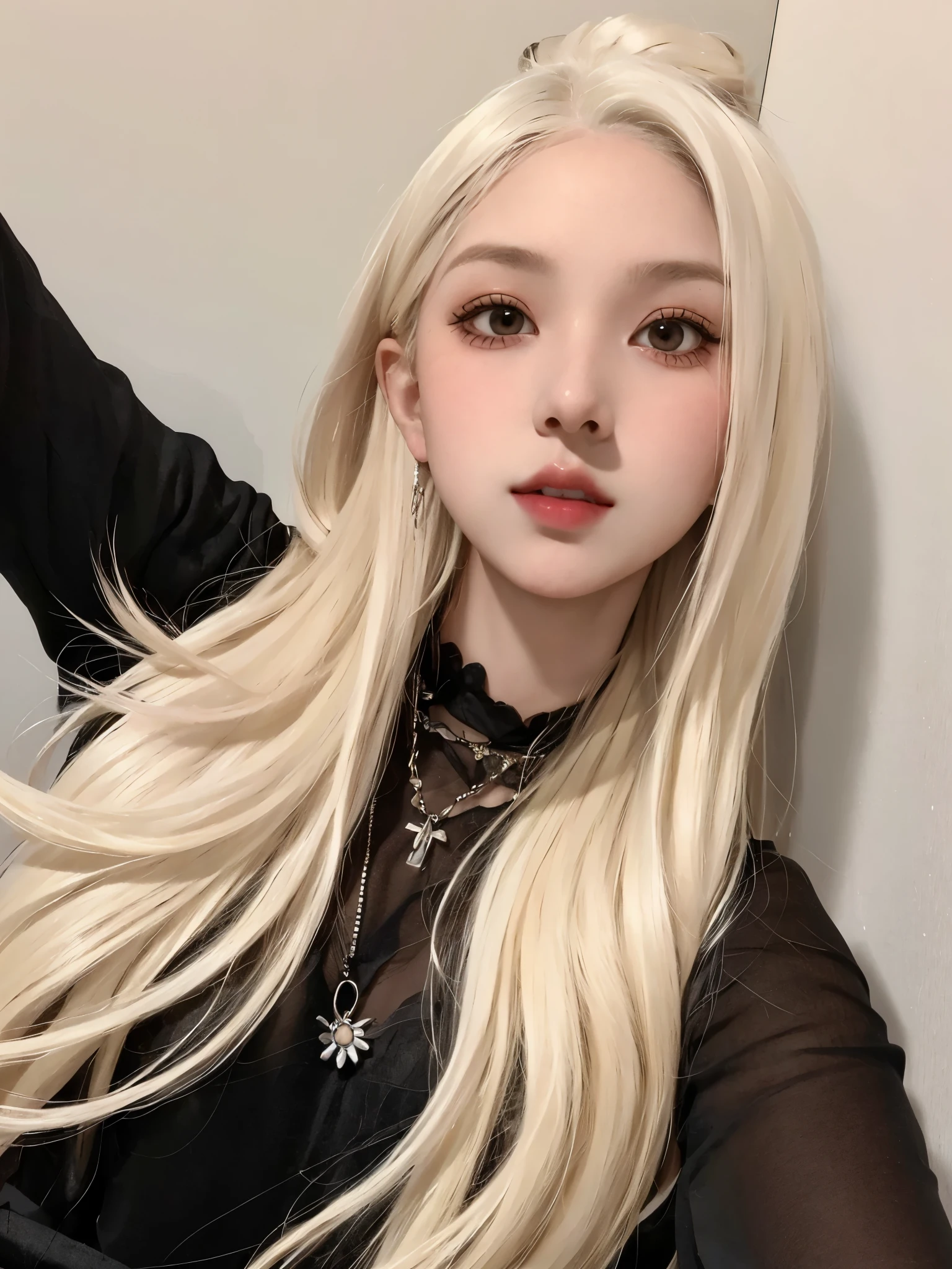 un primer plano de una mujer con cabello largo y rubio que llevaba un top negro, con el pelo largo y blanco, ulzzang, pelo largo y rubio y ojos grandes, con pelo largo y blanco, very very pale blonde hair, extremely pale blonde hair, pelo largo y rubio y ojos grandes, peinado de corte hime blanco, su cabello es blanco, con pelo largo y rubio, pale porcelain white skin