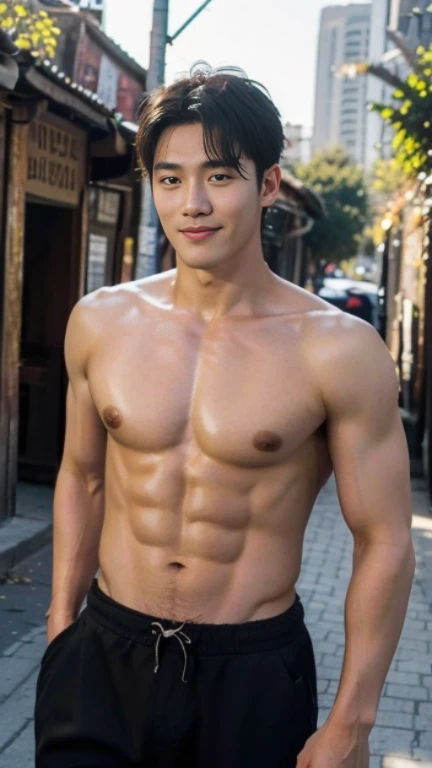 In the charming picture there is a handsome Korean man with his smile., His charm radiated as he proudly showed off his sixpack in a full standing pose.. He wore a  string  that highlighted his figure, He stood in the middle of an outdoor environment., Bathed in the golden light of a beautiful day. With unparalleled attention to detail., This photorealistic portrait combines the style of National Geographic., Capture every detail of his textured skin in 8k resolution. Leica digital SLR camera. His features were clearly visible., From the deep-set eyes to the chiselled jawline., Make this image a true masterpiece..Lift. (8K UHD、RAW Photography、Photorealistic Portrait Leica Digital SLR、Lifelike images)