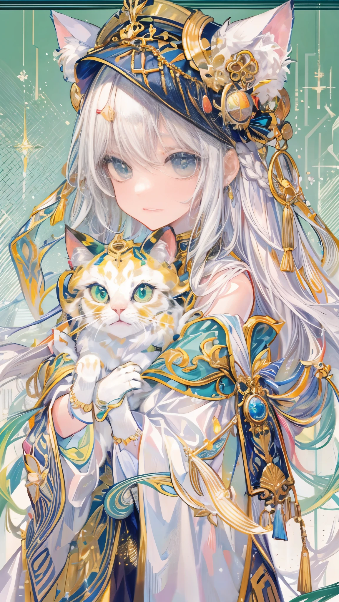 1 girl in、Eyes shaking anxiously、contour、leaning to the right、droopy eyelids、white hair、long hair、green eyes、There are golden cat-shaped shrines on both sides of the head.