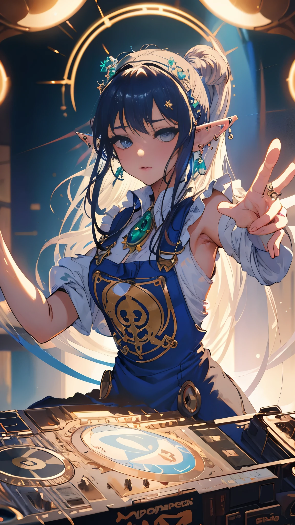 (masterpiece), (best quality), (Super detailed), (illustration), concept art, light, Genie as DJ , (Elf), (1 girl), Beautiful and delicate eyes, dark blue eyes, Exquisite and beautiful face, (shaved head), Overalls and vests, Various accessories, (piercing ears), punk style, stage, (depth of field:1.2), (blurred background:1.2), Yusuke Murata's artistic style, via Artgerm, author:Alphonse Mucha