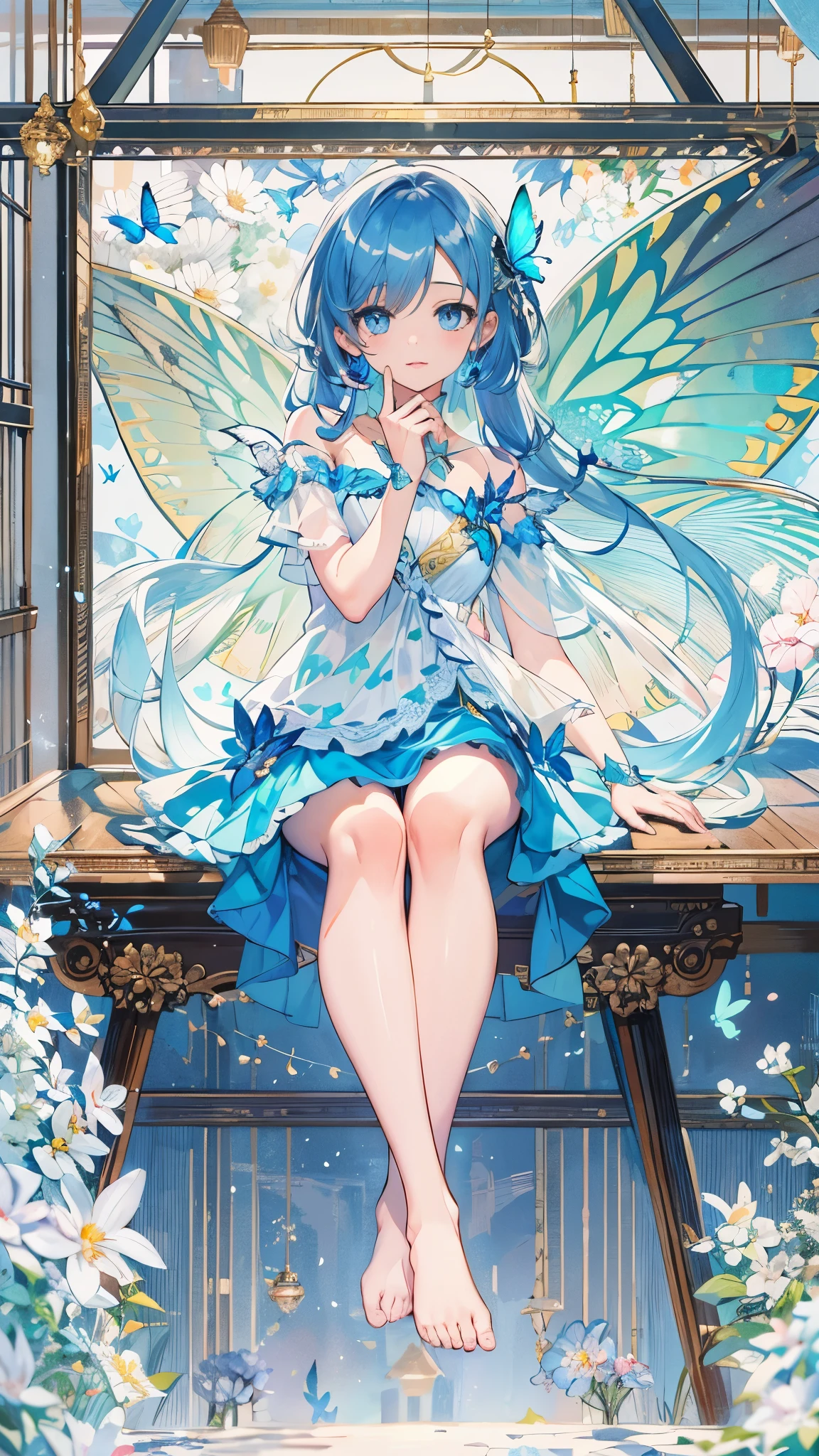 (illustration:1.1),(best quality),(masterpiece:1.1),(beautiful clear background:1.25),(masterpiece, best quality, Super detailed), (lifelike), (Beautiful and delicate eyes),
stage,stage lights,(hair),
,blue skirt,1 girl,blue eyes,长长的白hair,Flying blue butterfly,
bare shoulders