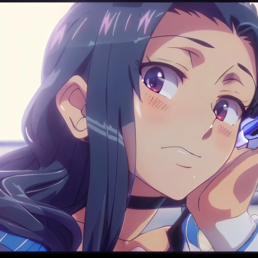 Anime girl with long black hair and a blue shirt looking at the camera, she looks far away, nagatoro, nezuko-chan, nezuko, cute girl anime visual, she has a cute expressive face, Hinata Hyuga, 2 0 1 9 anime screenshots, in an animated movie, Close up of young anime girl