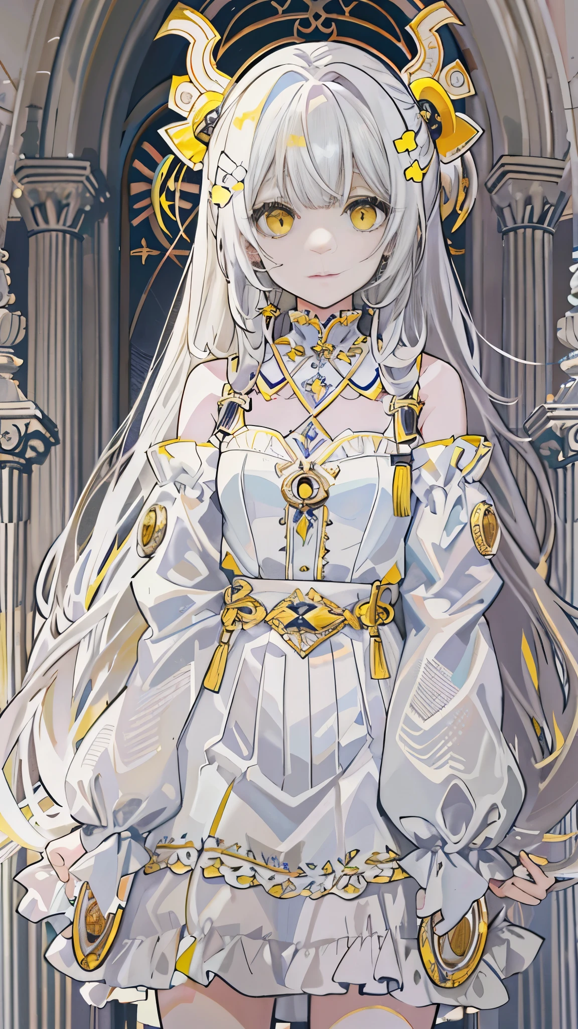 Long white slightly curly hair,Yellow eyes, side ponytail, depression,castle,rosette,white skirt,Demonic Exquisite Hair Accessories Cry