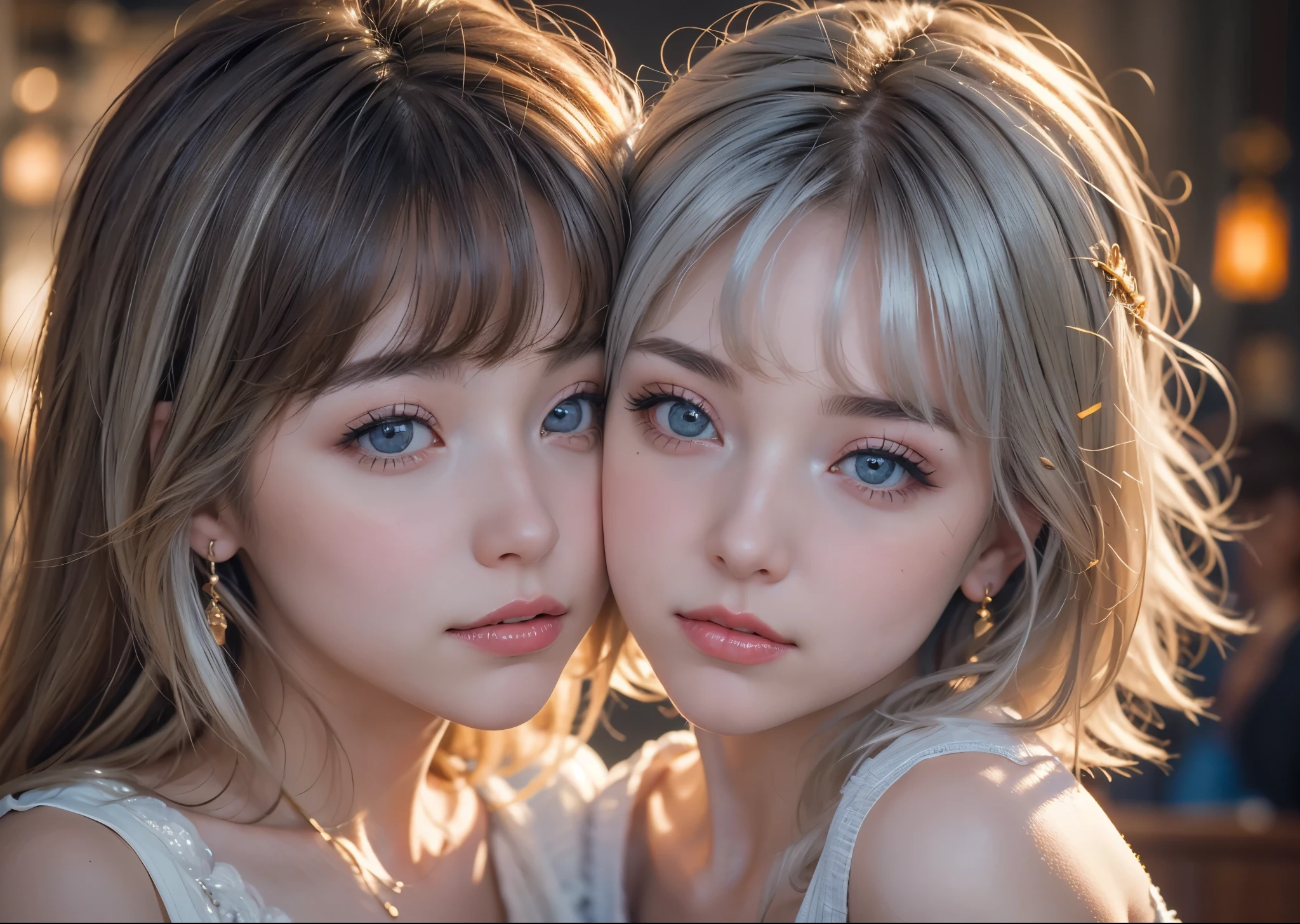 2 cute girls、18 year old girl、A scene where another girl kisses a girl who is facing forward on the cheek.、close up of face、small breasts、Silver gold hair、colorful fractal background、Psychedelic world、detailed lighting、sharp focus、High definition、high resolution、High color rendering、High resolution、Super realistic、photo realistic 