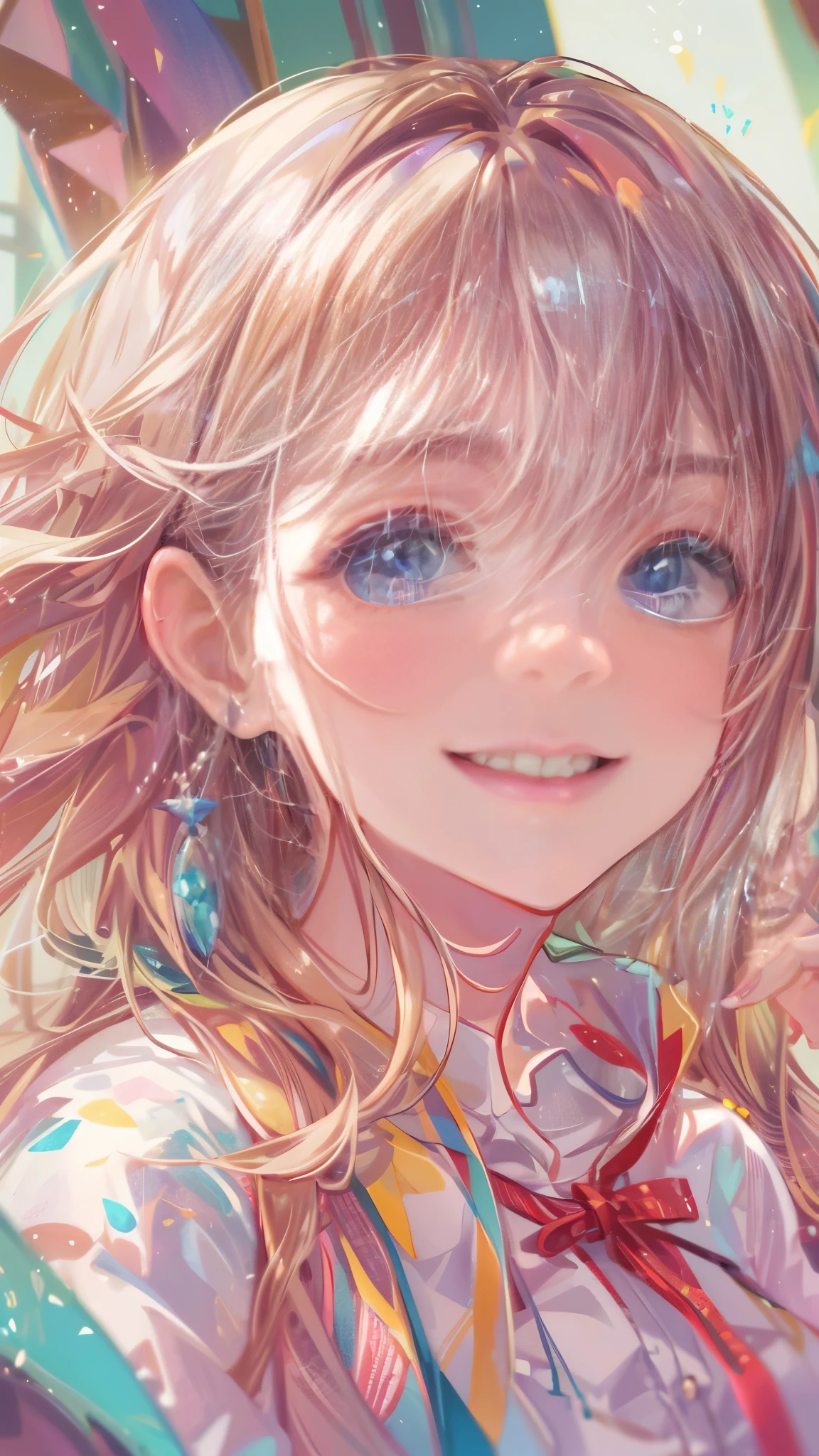 1 girl in、Eyes full of hope、best smile、cheeks stained red、look here、contour、Eyelids rise、long golden hair、blue eyes、