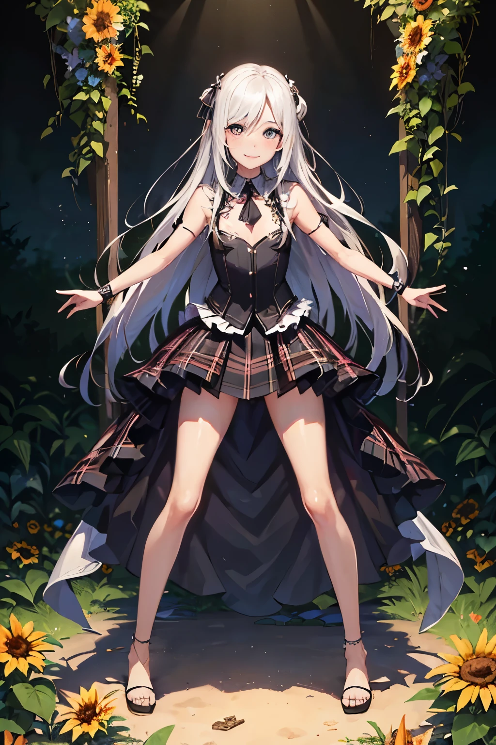 NSFW, ((Standing upright with one leg in front of the other)),(full body shot, full body view), ((cute and symmetrical face)),8k, masterpiece, RAW photo, best quality, photorealistic, extremely detailed CG unity 8k wallpaper,(biologically correct form),(masterpiece:1.2, top-quality), (realistic, photorealistic:1.4), beautiful illustration, (natural side lighting, movie lighting), looking at viewer, ((focus on face)), 1 girl, 25 years old, perfect face, perfect body, shiny skin, beautiful hair, beautiful face, beautiful eyes, symmetrical beautiful detailed eyes, beautiful body, beautiful chest, beautiful arms、beautiful thigh, ((beautiful long thin legss)), (small butt),blush, (symmetrical black Stiletto heels and anklets), (biologically correct form), (lovely smile),( black plaid pleated skirt, tie)、The background is a flowerbed with sunflowers、Gothic lolita