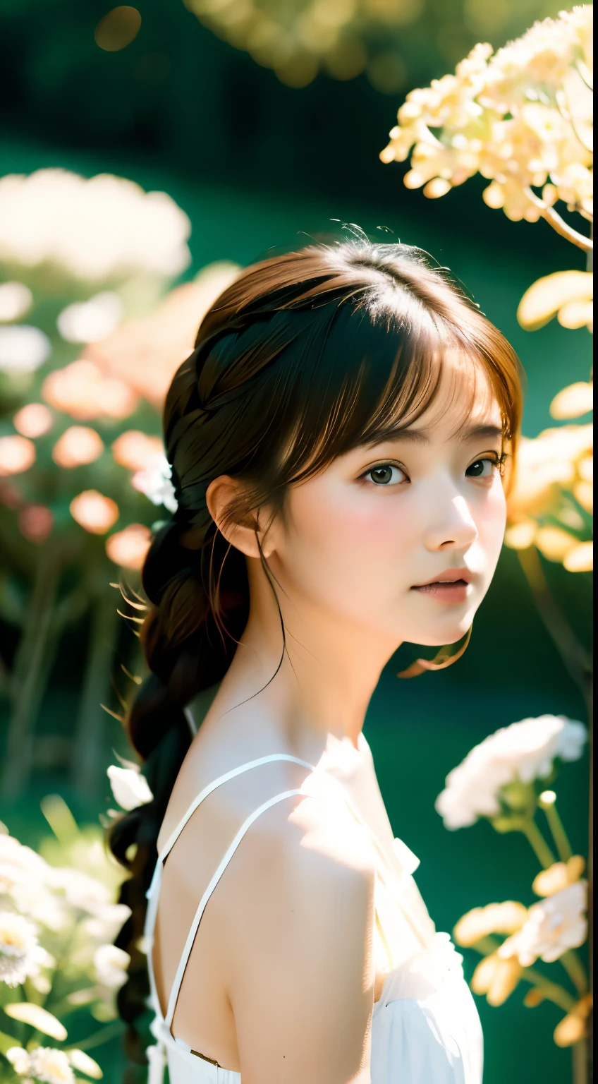 realistic, High resolution, soft light,1 female, 16age、、Japanese、alone, waist rises high, glowing skin, (detailed face),jewelry, brown hair,french braid、white_dress、お洒落なdress、flower field,(dynamic angle:1.1),Brilliant,Soft and warm color palette, delicate brushstrokes, Targeted use of light and shadow, wide shot,The deliciousness of wilted flowers,high contrast,color contrast,Masseter muscle part:1.3