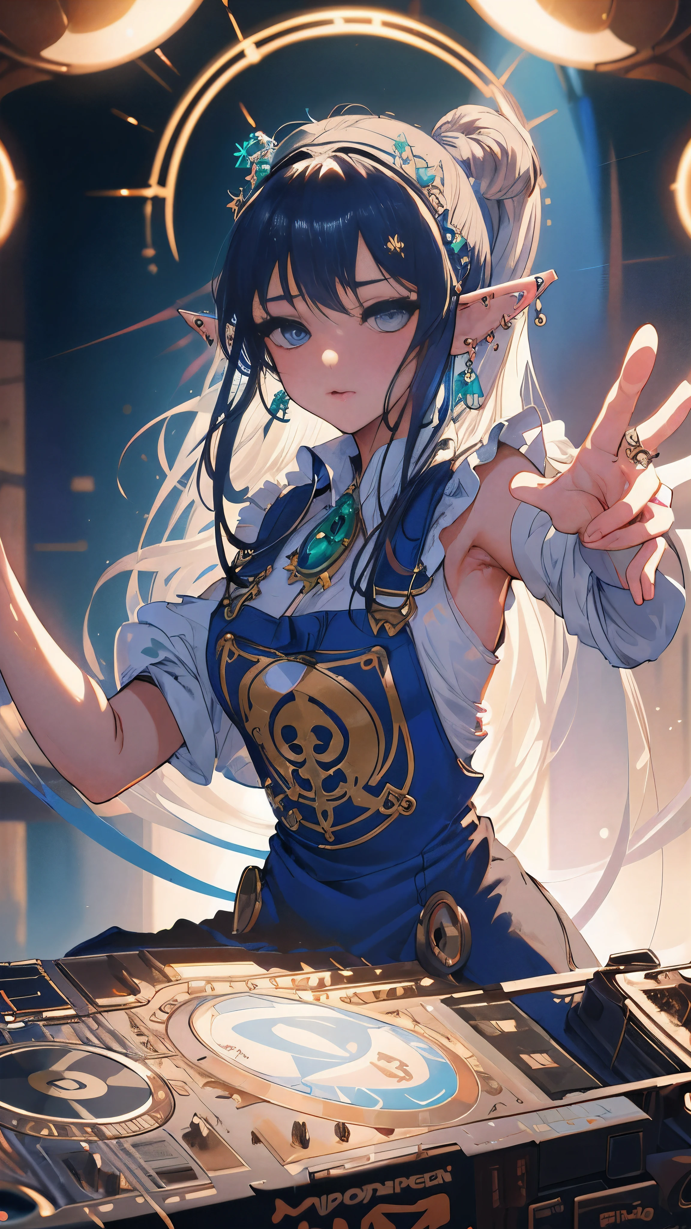 (masterpiece), (best quality), (super detailed), (illustration), concept art, Light, Elf DJ , (Elf), (1 girl), beautiful and delicate eyes, dark blue eyes, Exquisite and beautiful face, (剃Light头), Work clothes and vests, Various accessories, (piercing ears), punk style, stage, (depth of field:1.2), (blurred background:1.2),  Yusuke Murata&#39;artistic style, by artgerm, author：Alphonse Mucha