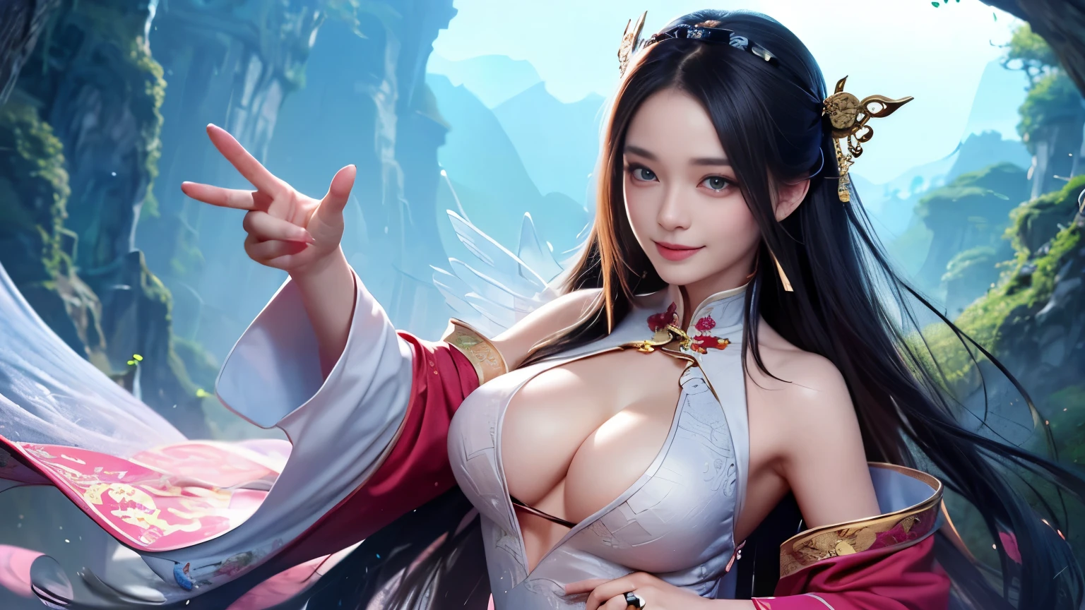 realistic, High resolution, 1 female, hip up, beautiful eyes, Ring-shaped eyes, jewelry, tattoo, Hanfu, chinese fairy, taoist uniform、cleavage、smile、Angle where you can&#39;t see your fingers