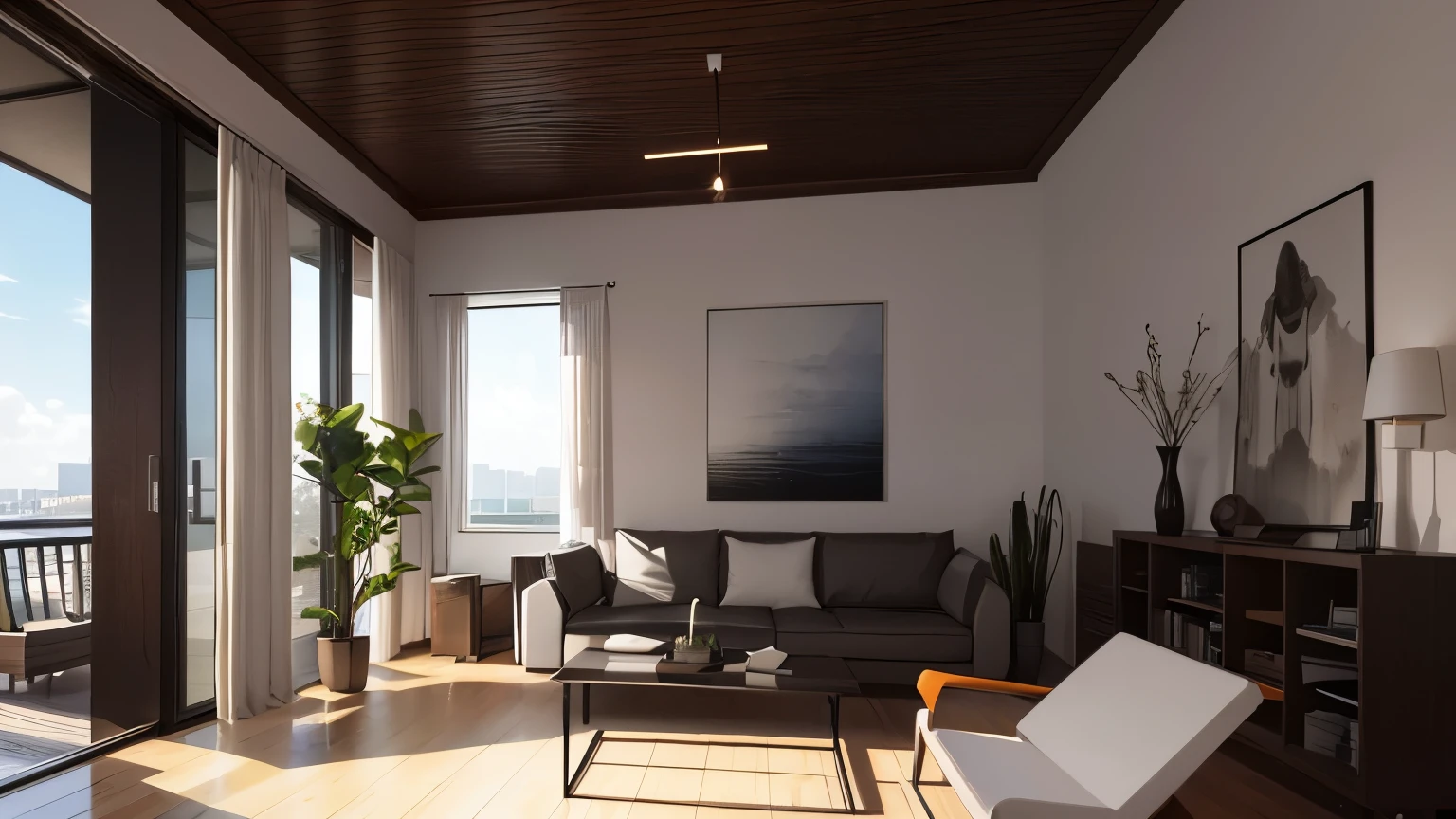 you are a famous interior designer、I was asked to create a 3D image of a large modern room.。. Create a harmonious environment with modern and minimalist furniture. Including garden interior.