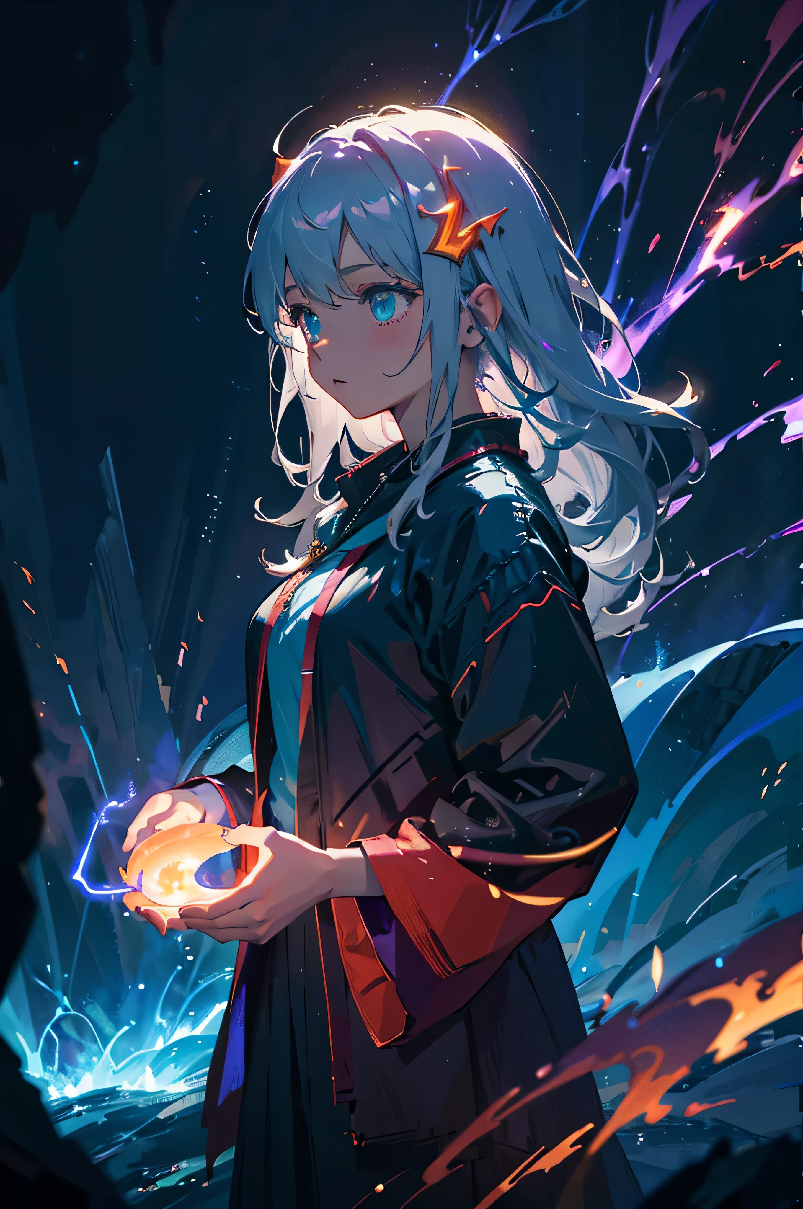 Elementals, lightning, green aura, red aura, purple aura, dragon shadows, flame surrounding girl, Masterpiece, dark theme, maximum quality, maximum detail, ultra detail eyes, professional coloring, cinematic lightning, ruins, depth of field, backlighting, 1girl, medium breast, young girl, grey hair, long hair, glowing halo, light ring, kitsune mask hair ornament, glowing blue ocean, bikini