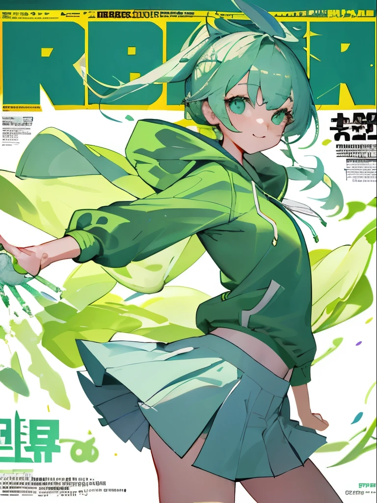 ８K, highest quality, masterpiece, super detailed、pastel green beauty、Uplifting movement、Uplifting、magazine cover風作品、magazine cover、Large hoodie、mini skirt,Futuristic magazine style、fashion magazine style、model pose、Looks like fun、great joy