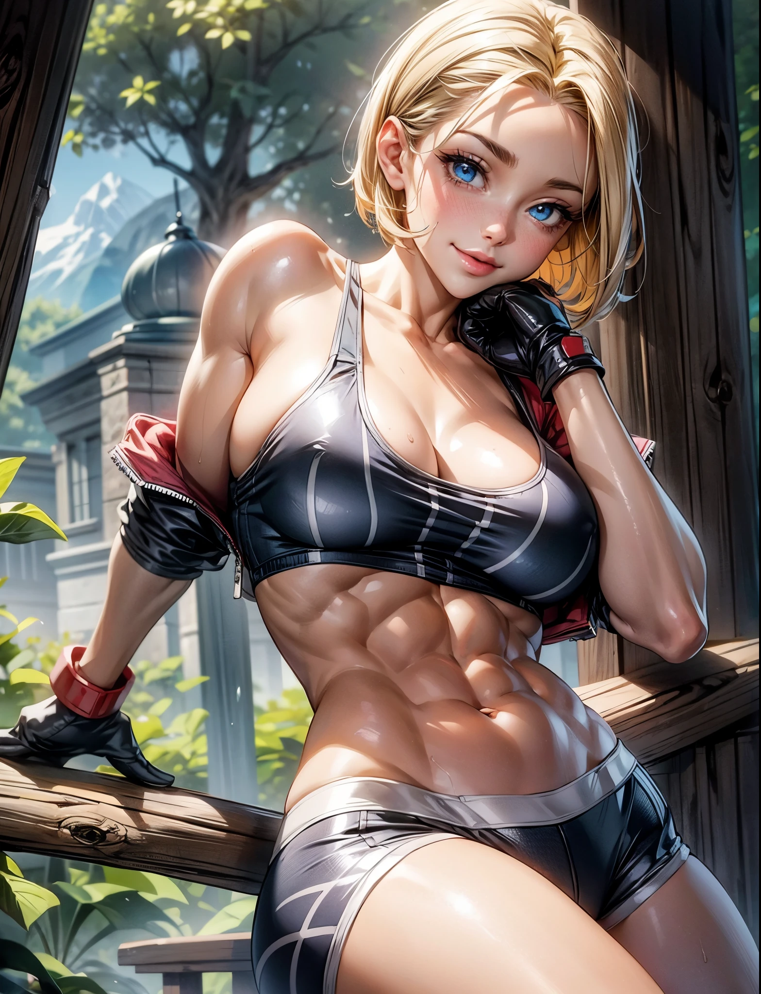 cammy 6 ,1girl , solo , tank top , yoga pant, abs, short hair , blonde hair , open jacket ,blue eyes , outdoor , standing , smile , happy , upper body , scar on cheeks ,gloves,The scene is bright and sunny, with lush greenery in the background. The girl is wearing gloves, adding a touch of mystique to her appearance.